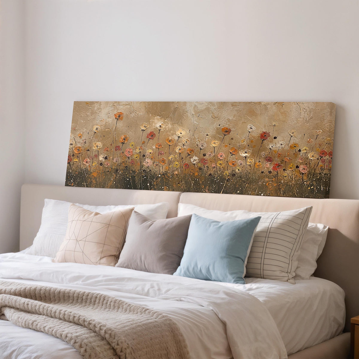 Golden wildflower field wide panoramic canvas print above a bed in a bedroom