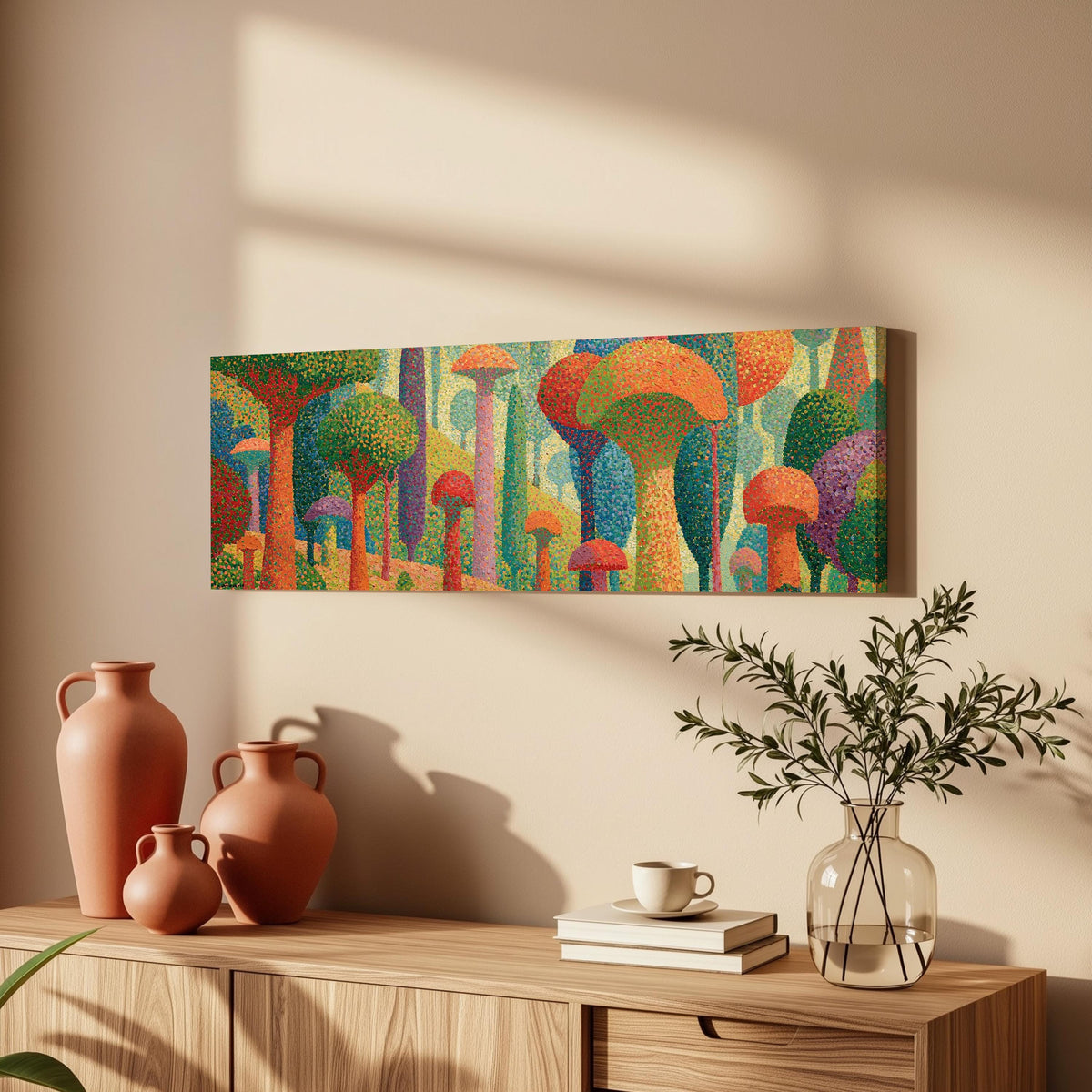 Teal mushroom woodland long horizontal canvas print above a wooden sideboard