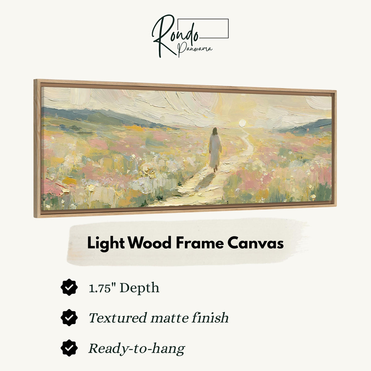 Jesus walking a pastel meadow path canvas print in a light wood floating frame