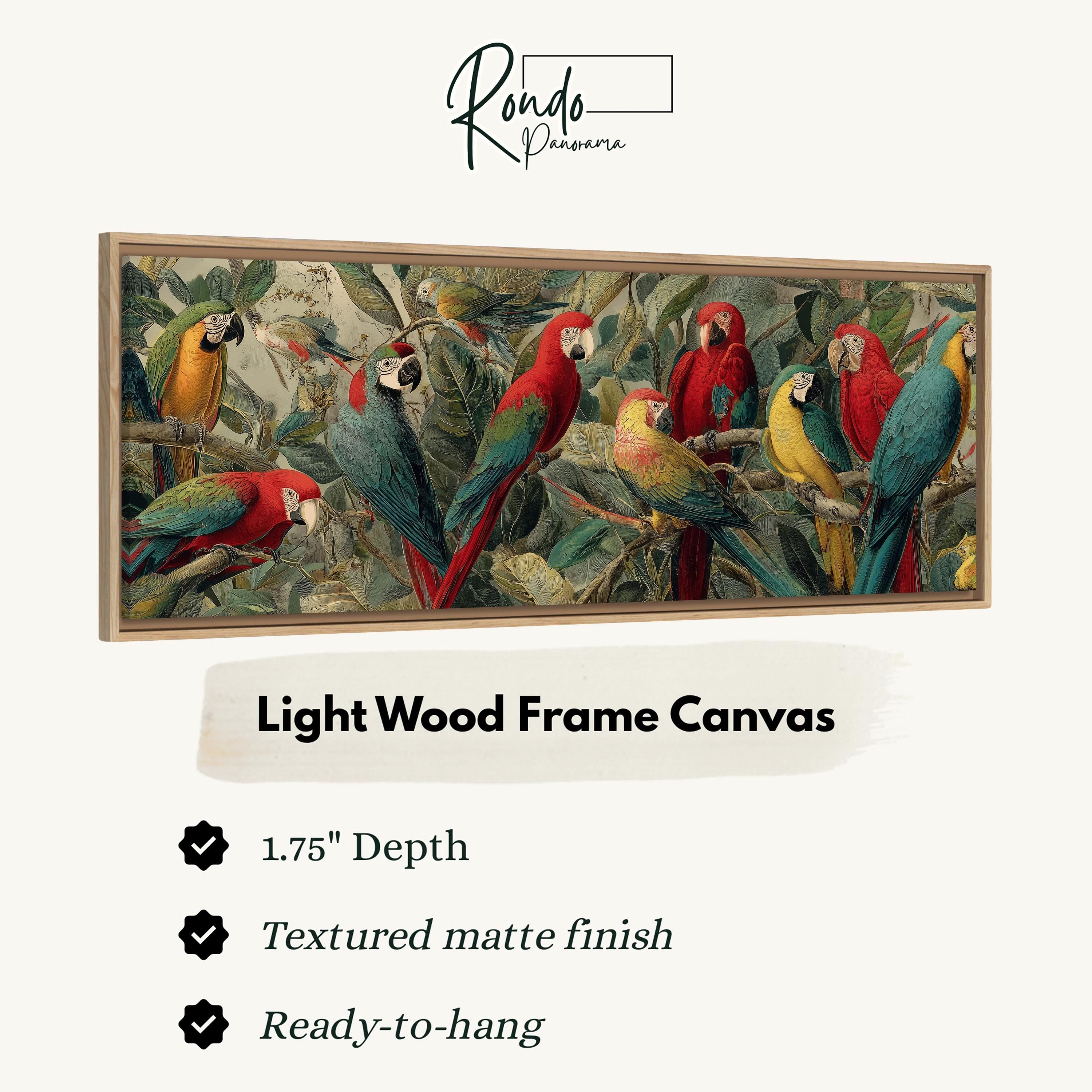 a large, light wood frame canvas depicting a vibrant scene of colorful parrots perched on branches.