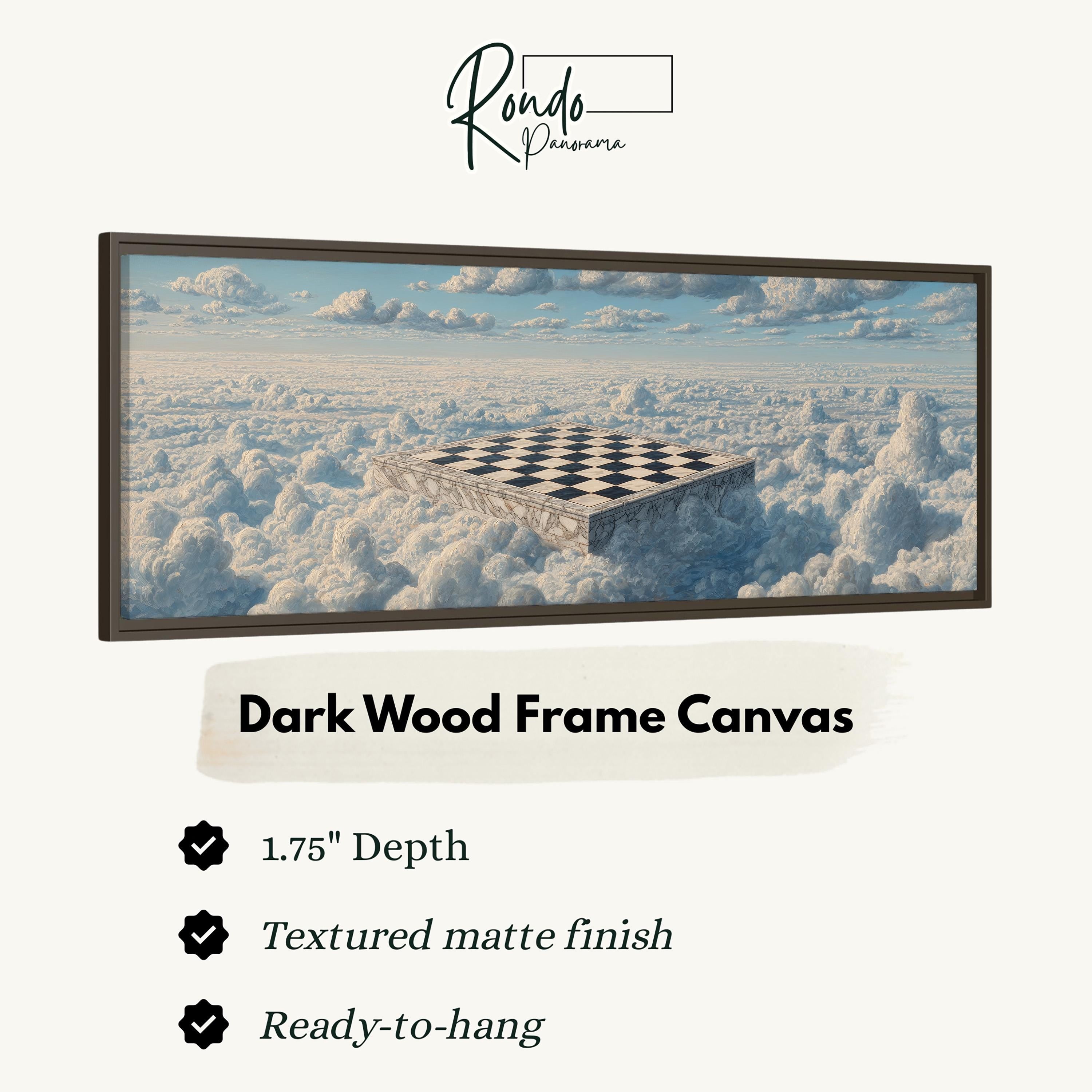 The image is a framed canvas depicting a checkerboard floating in a cloud-filled sky.
