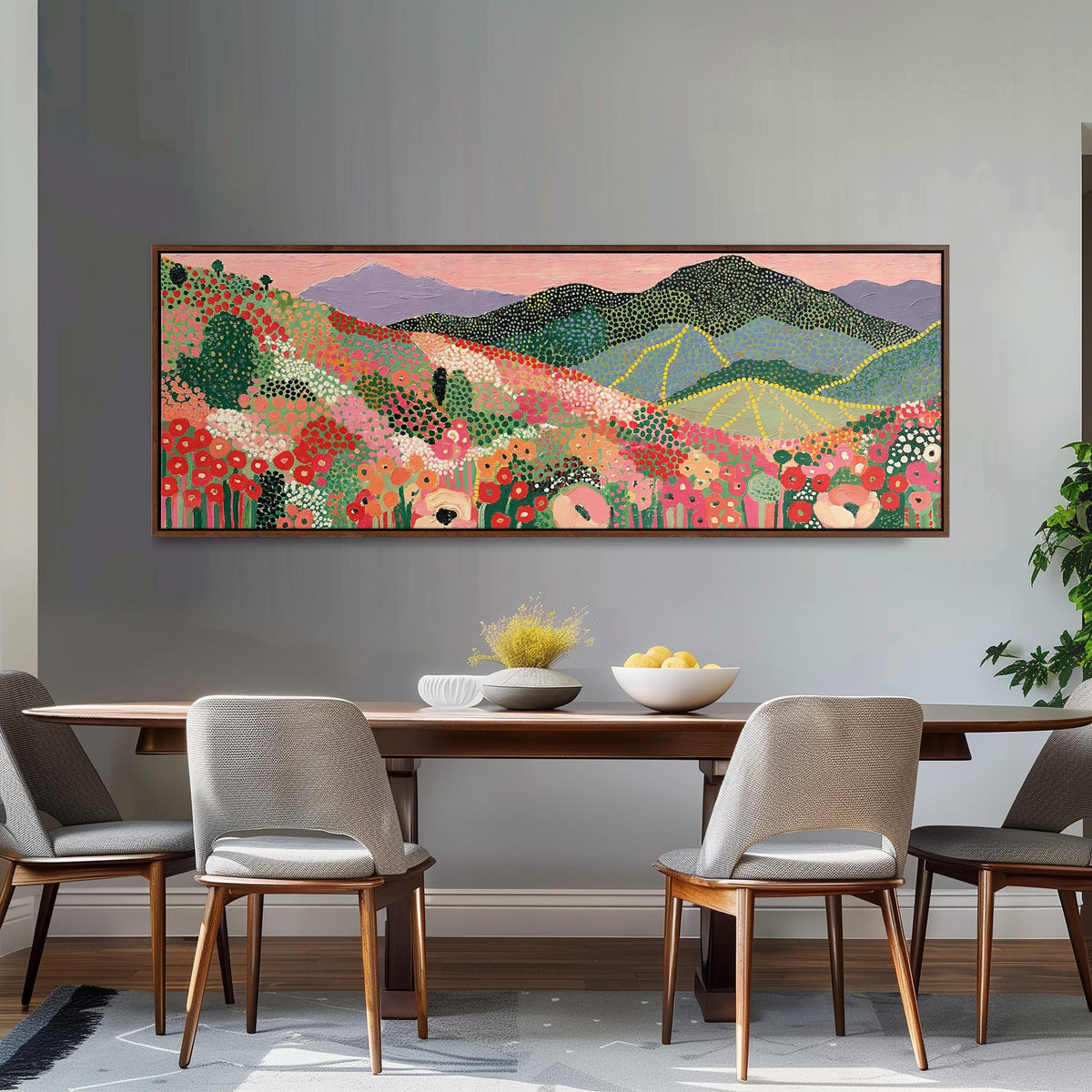 Dotted poppy mountains under a pink sky long horizontal canvas print above a dining table