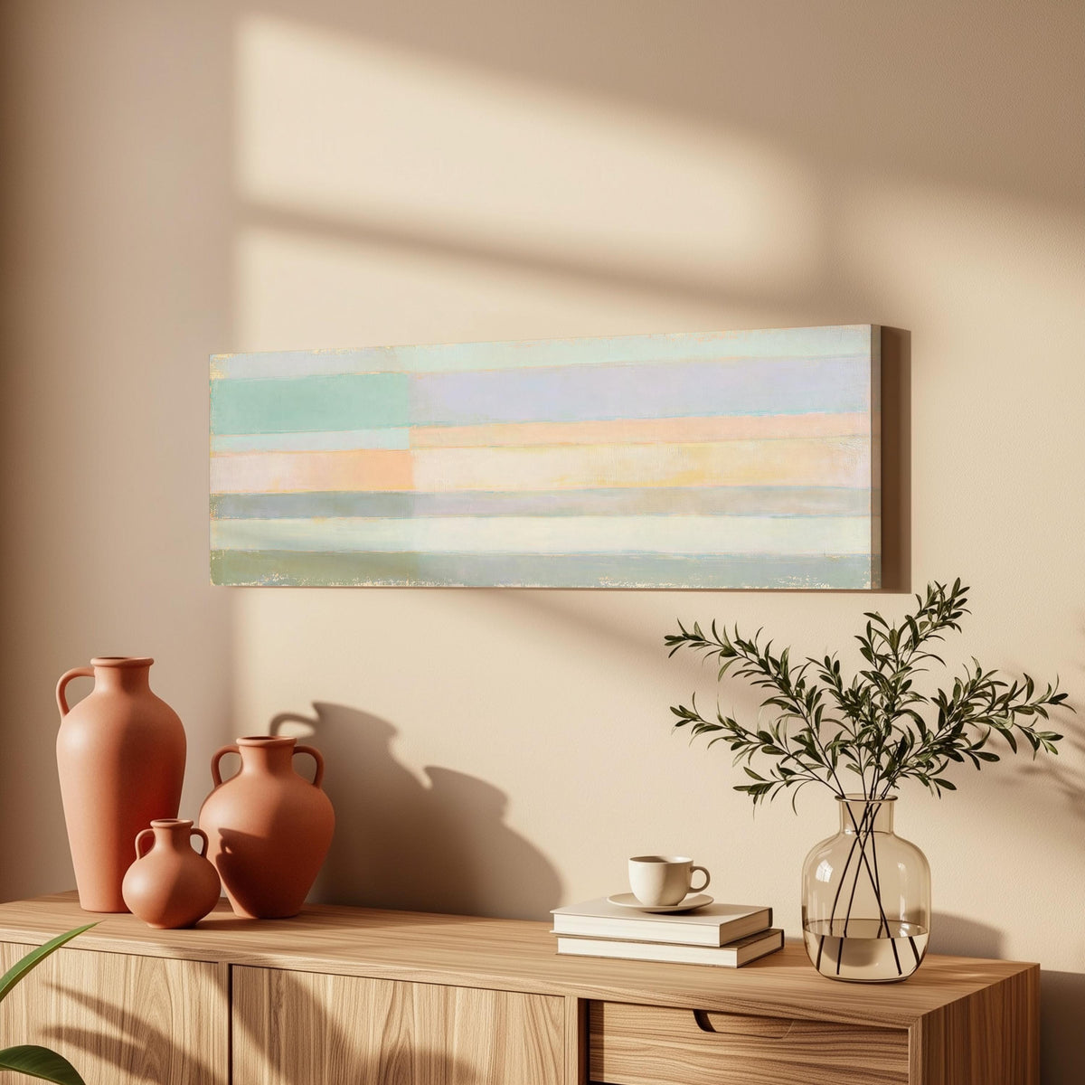 Mint, lavender and peach pastel bands long horizontal canvas print above a wooden sideboard
