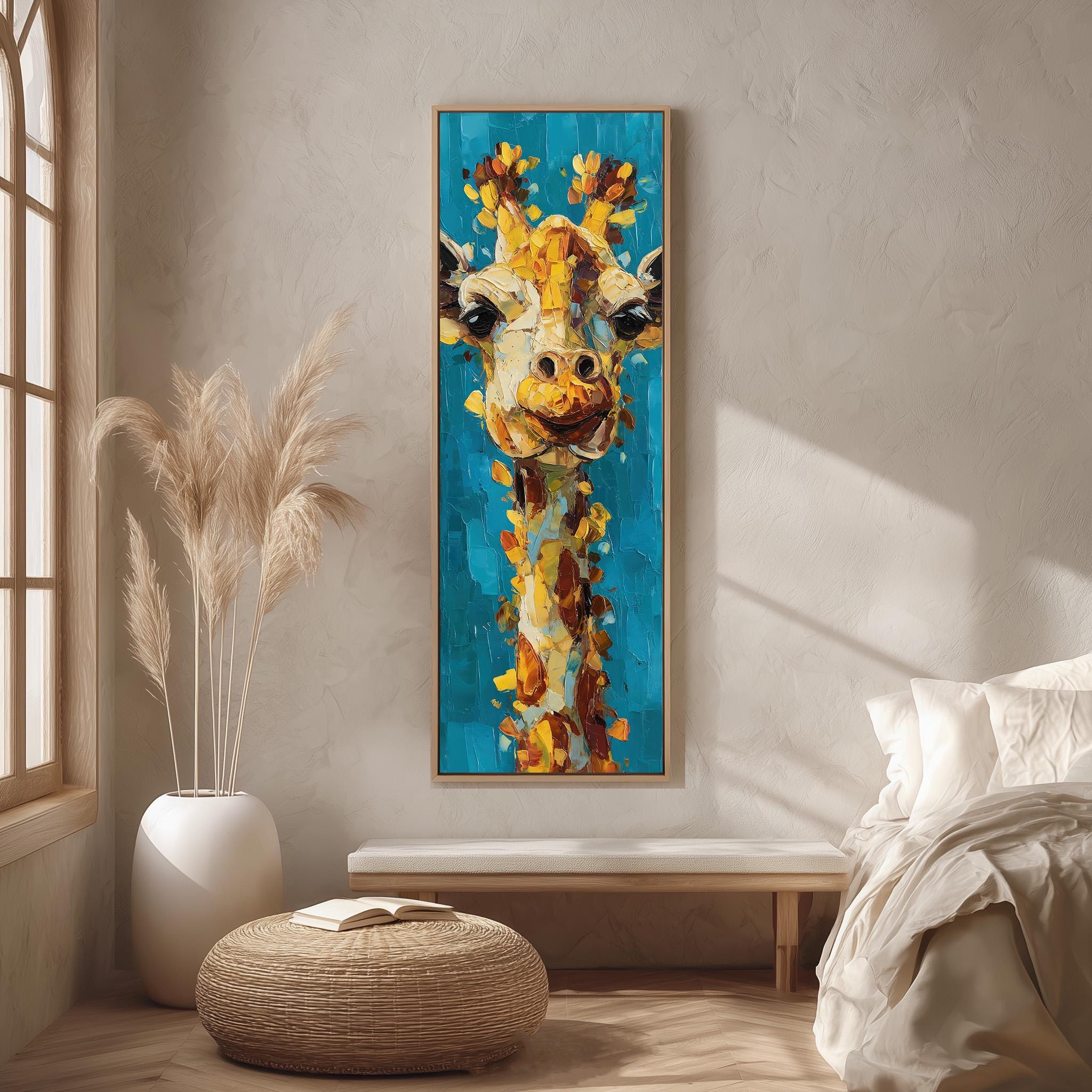 a large, colorful painting of a giraffe hanging on a wall in a room with a wooden floor and a white bed.