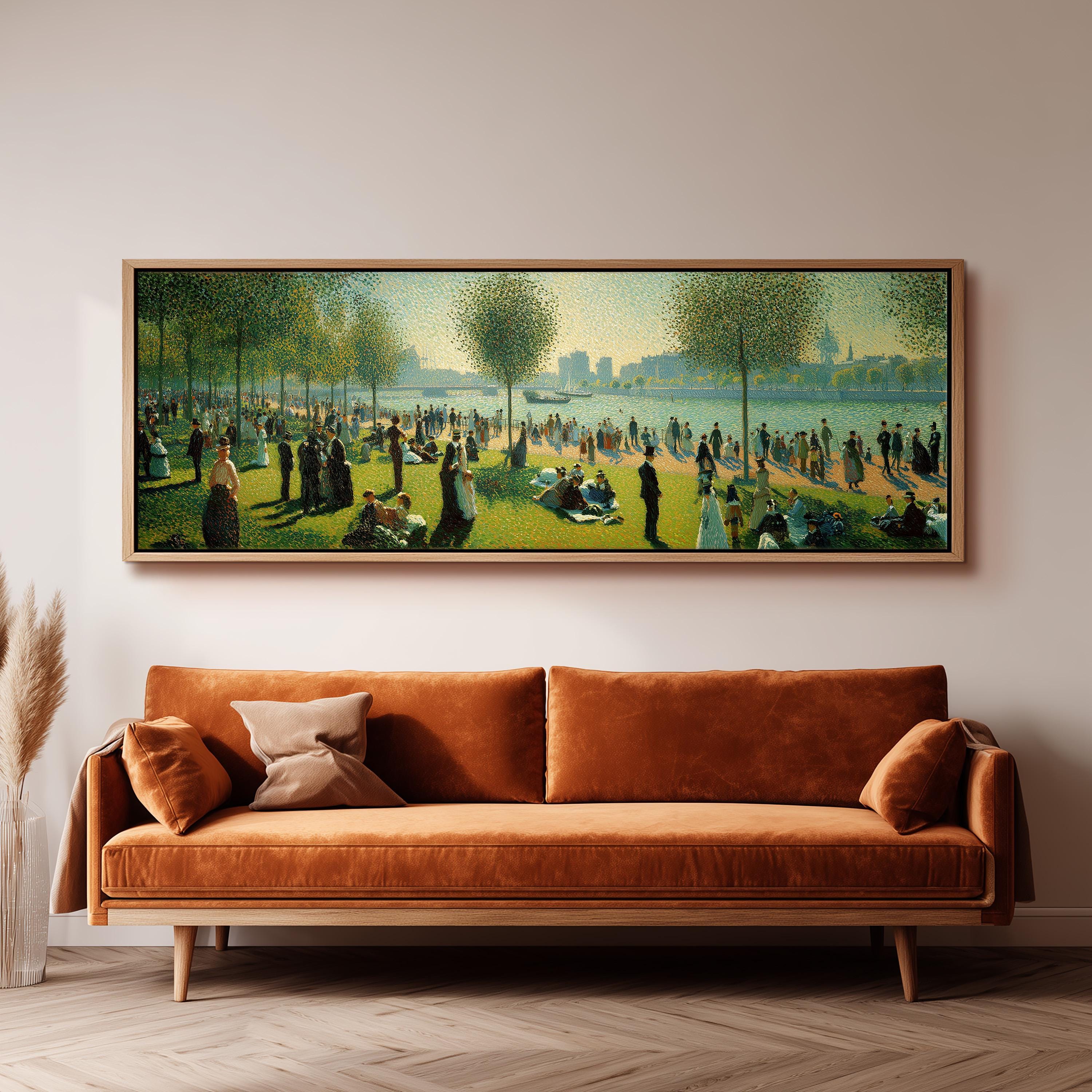 a large painting of a park scene hanging on a wall above a brown sofa.