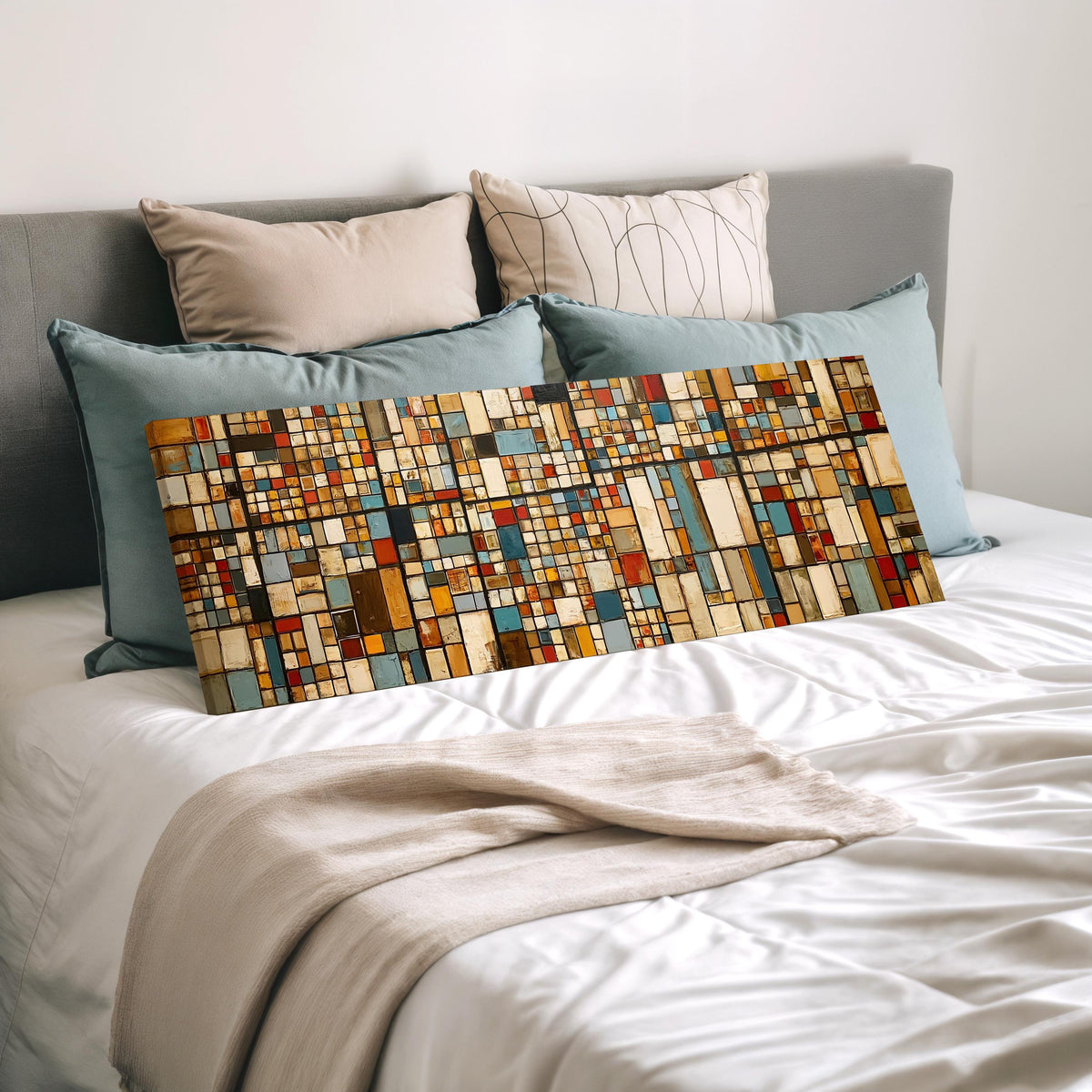 Earth tone mosaic grid in blue and ochre wide panoramic canvas print laid on a bed to show its size