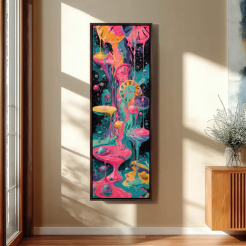 a vibrant, abstract painting hanging on a wall, depicting a surreal and colorful scene with various shapes, colors, and elements.