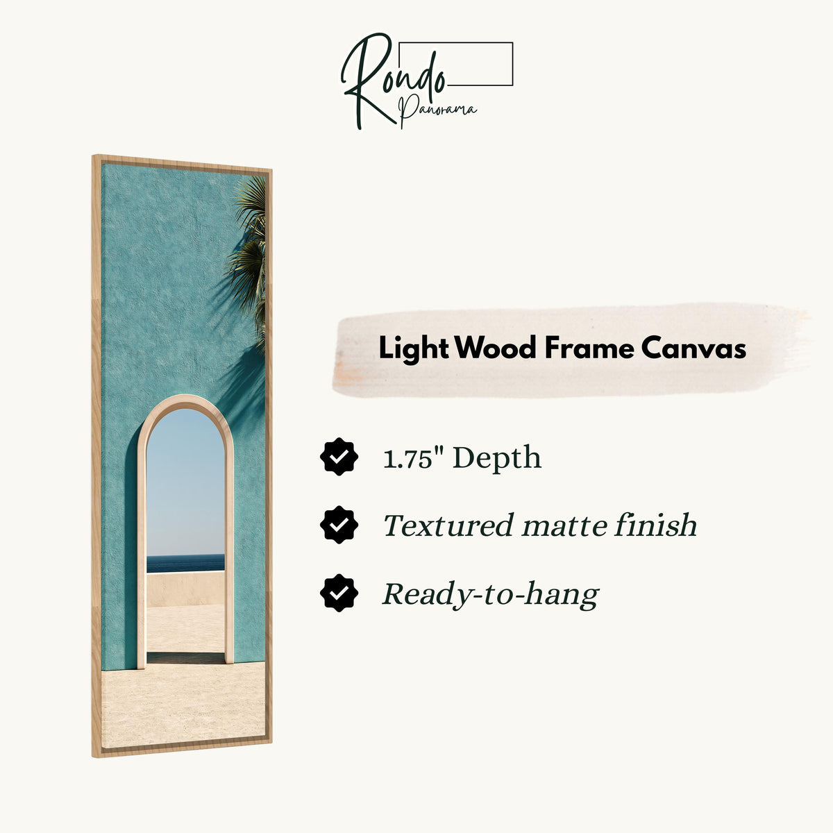 Arched doorway in a teal wall opening to the sea canvas print in a light wood floating frame
