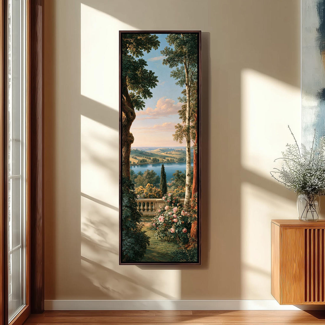 Garden terrace overlooking a lake long vertical canvas print in a sunlit living space