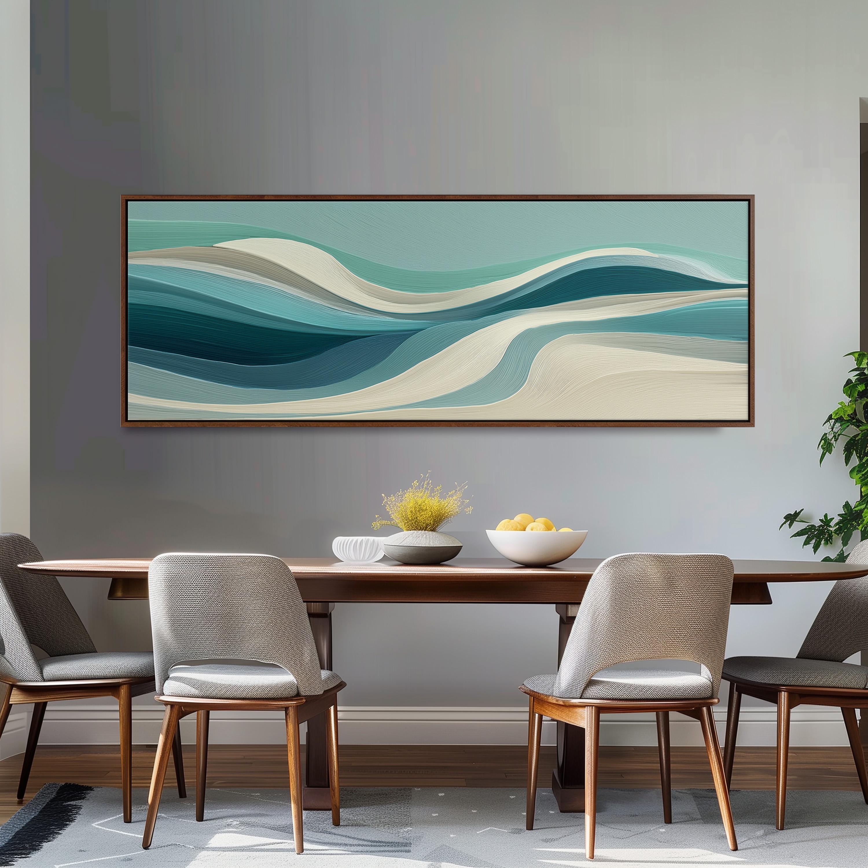 a modern dining room with a large abstract painting hanging on the wall above a wooden dining table with four chairs. The table is set with a bowl of fruit and a vase of flowers, creating a welcoming and stylish atmosphere.