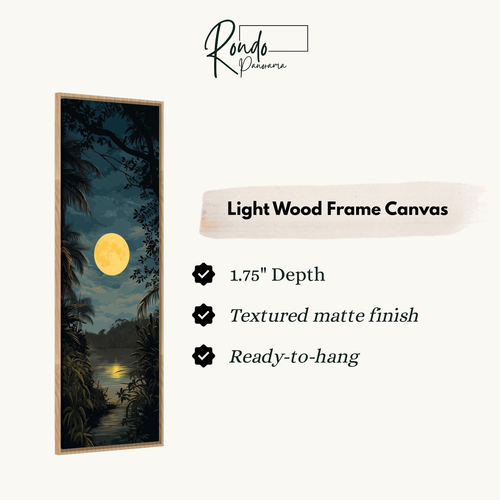 The image is a rectangular frame canvas depicting a tropical landscape with a full moon and palm trees.