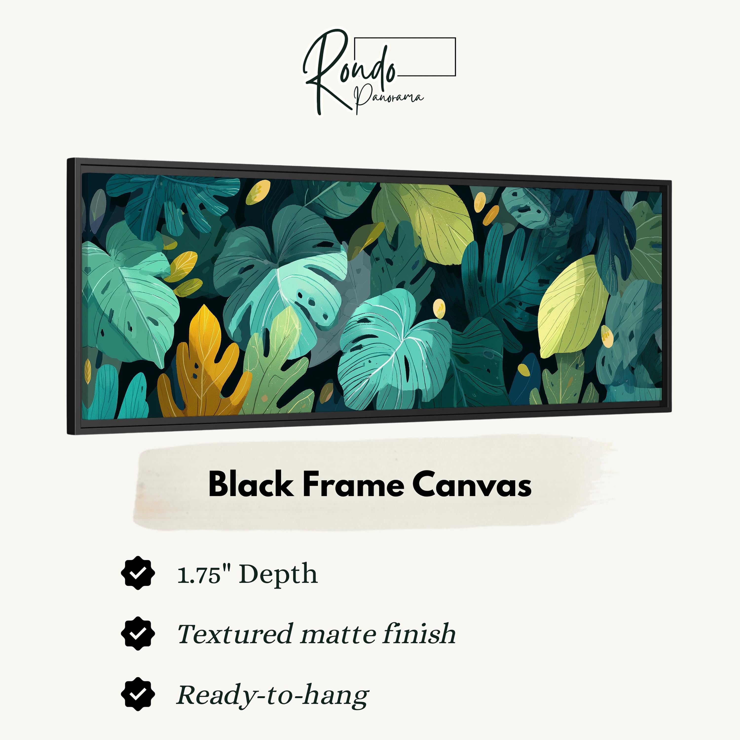 The image is a black frame canvas featuring a vibrant and colorful tropical plant pattern.