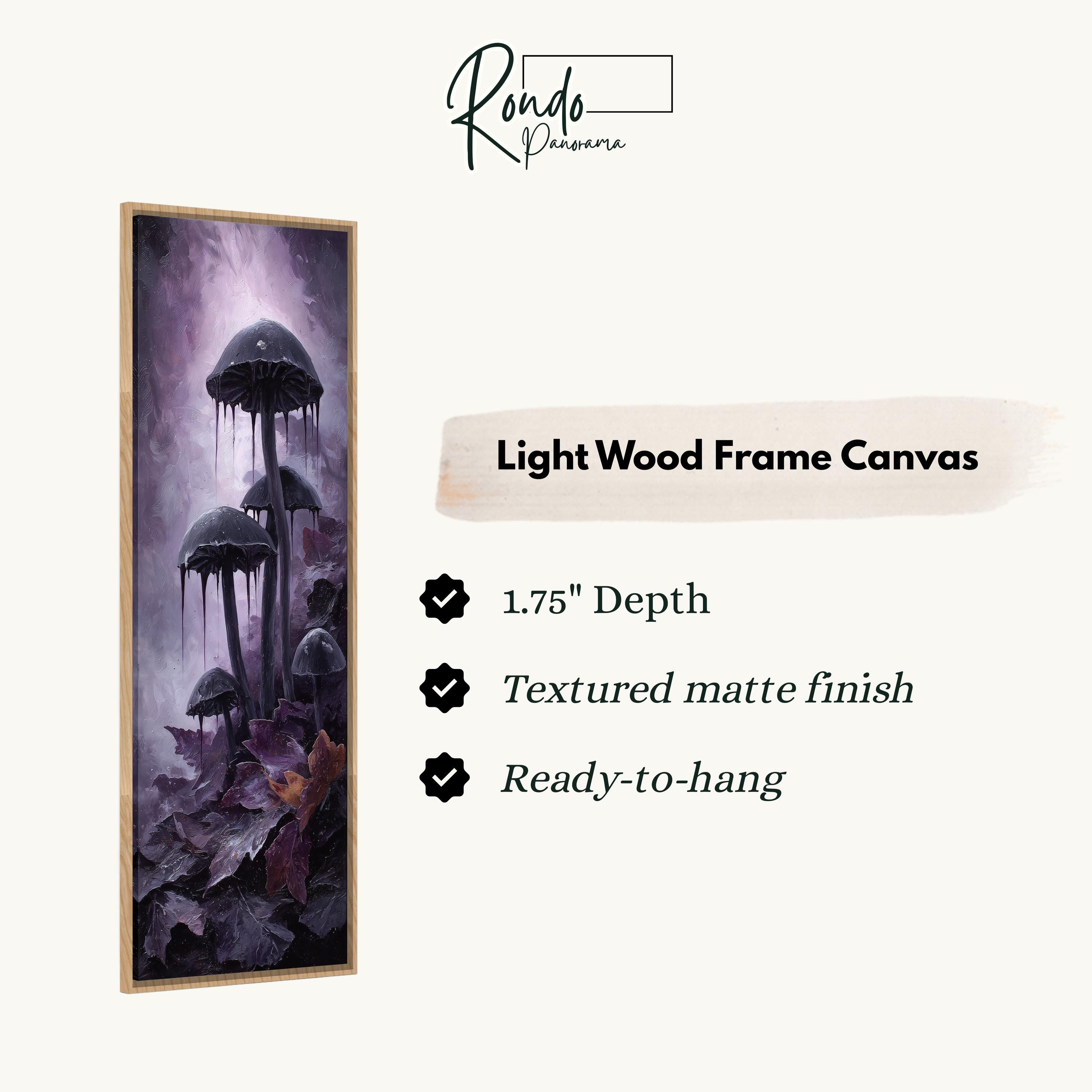 The image is a rectangular frame canvas depicting a dark, mysterious scene with mushrooms and leaves.