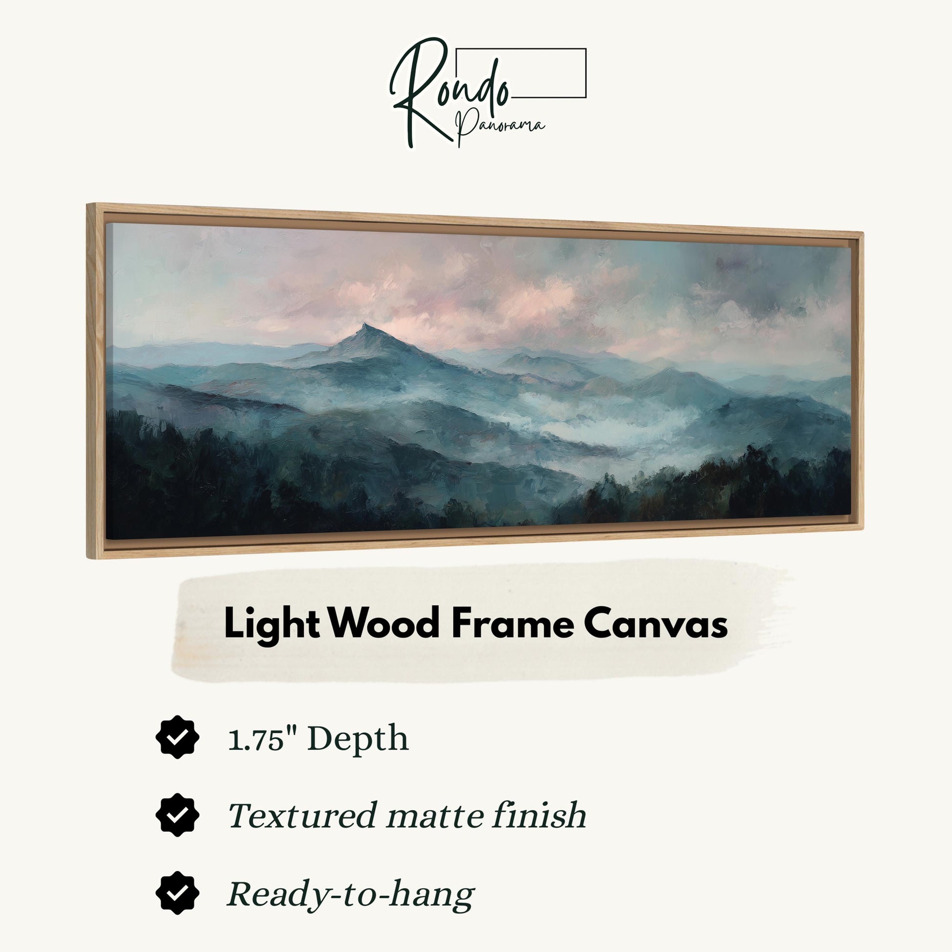 The image is a light wood frame canvas depicting a mountain landscape with a hazy, misty atmosphere.