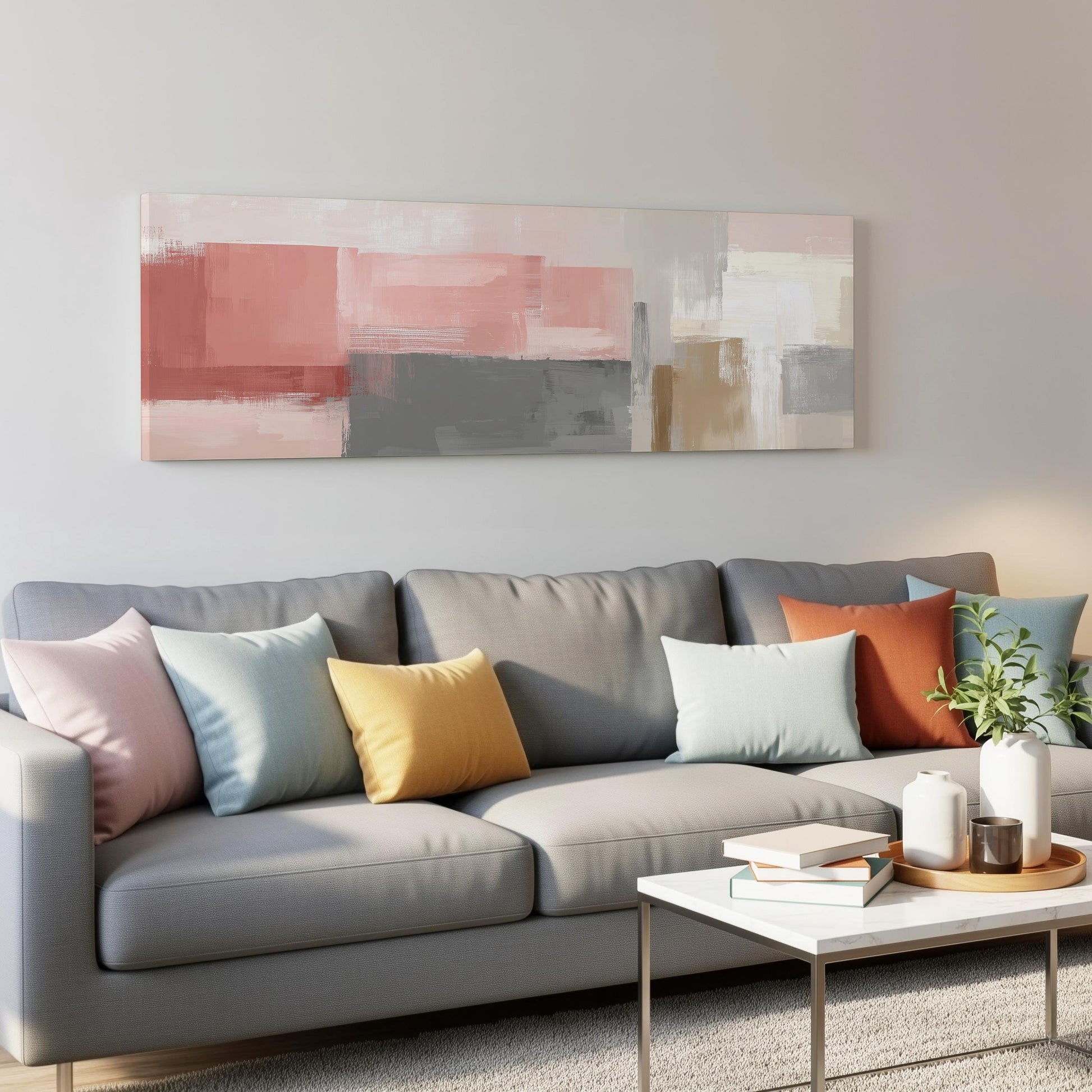 a modern living room with a gray sofa adorned with colorful throw pillows. Above the sofa, there is a large abstract painting in shades of pink and gray. In front of the sofa, there is a white coffee table with a stack of books and a small plant.
