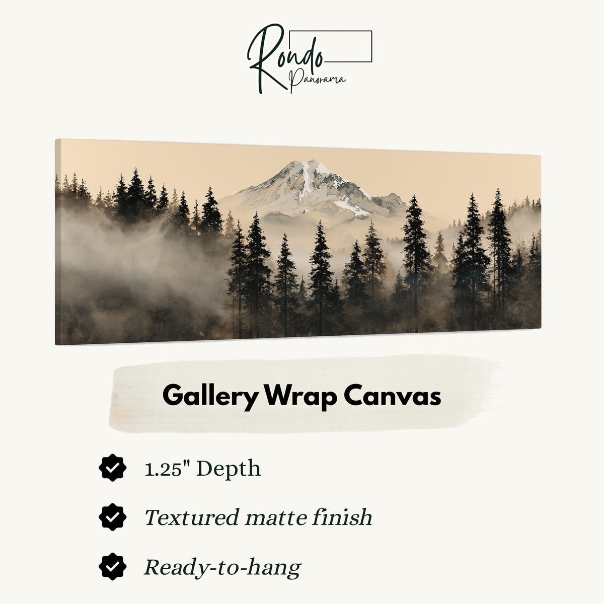 Foggy pine forest below a snowy mountain gallery wrap canvas with the image wrapped around the edges