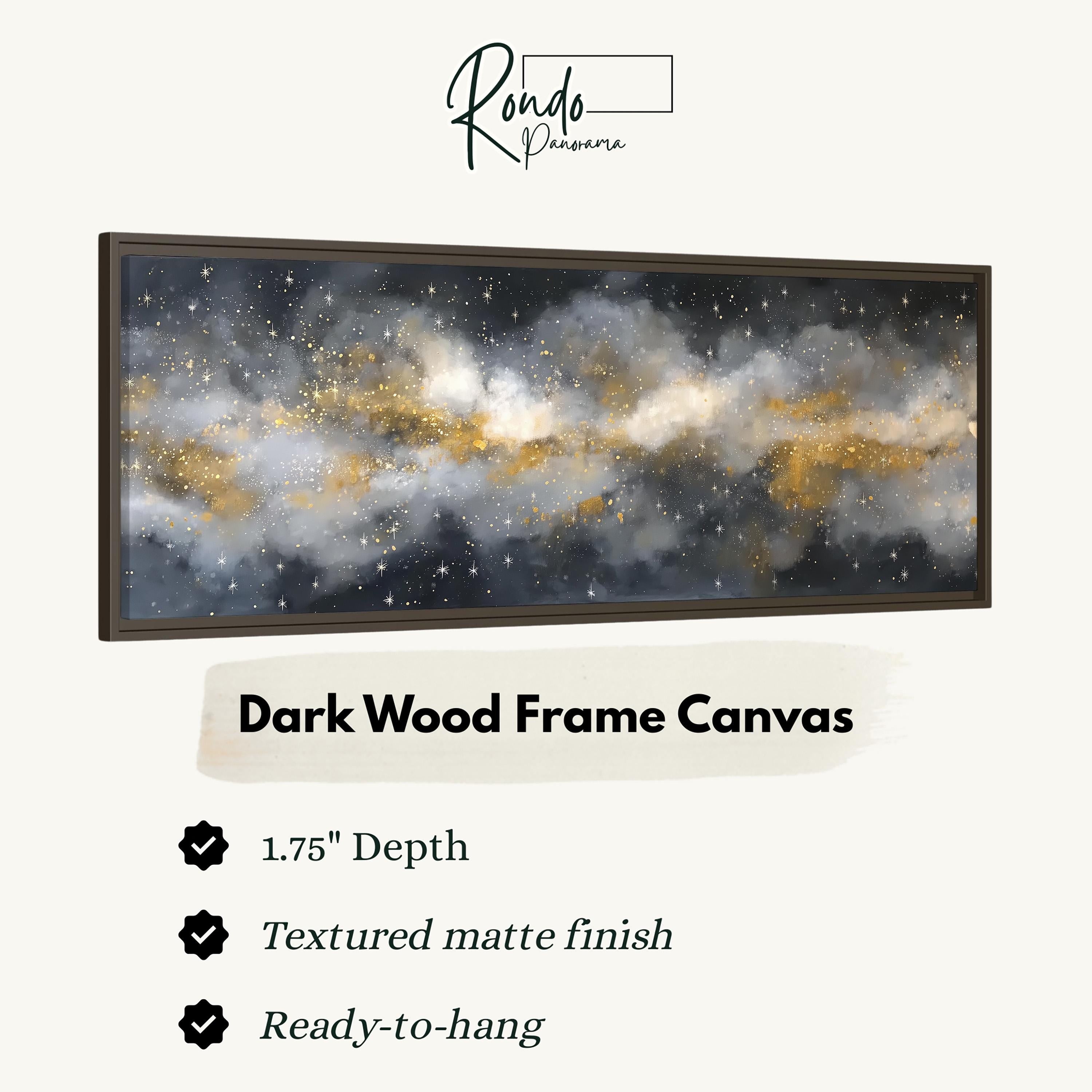 The image is a dark wood frame canvas depicting a starry night sky with a galaxy-like pattern.