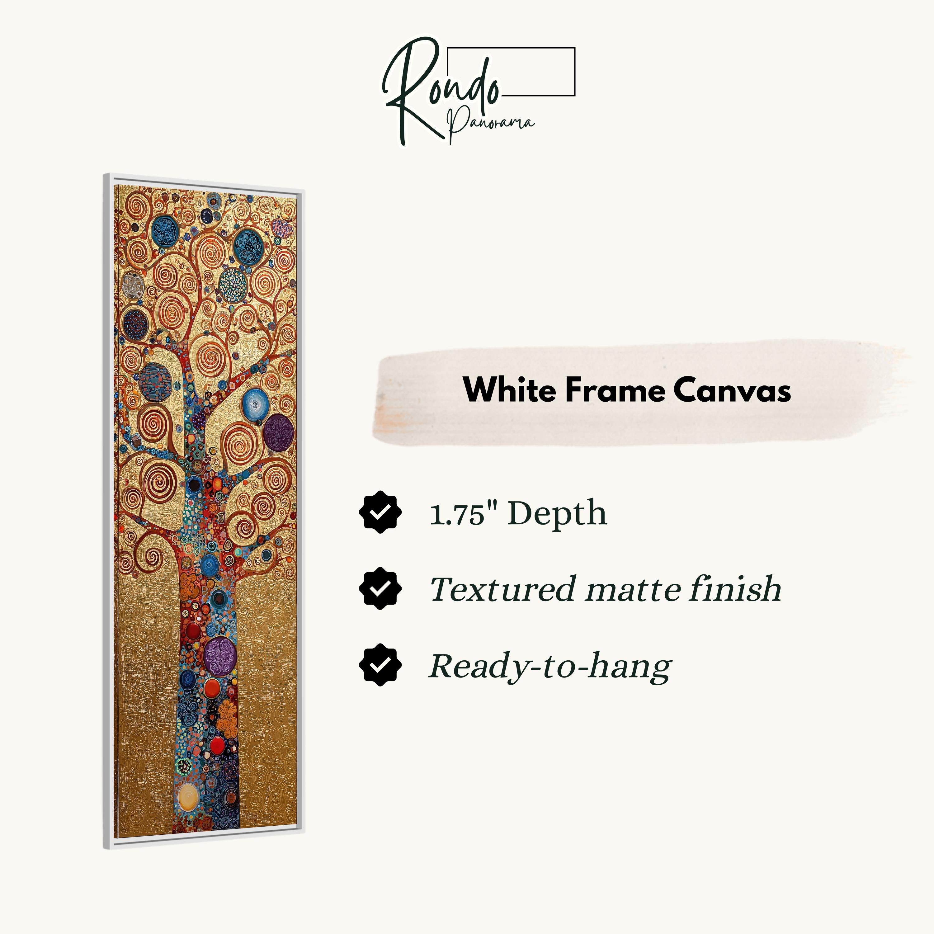 The image is a white frame canvas with a tree design, and it is described as a 1.75" depth canvas with a textured matte finish and a ready-to-hang feature.