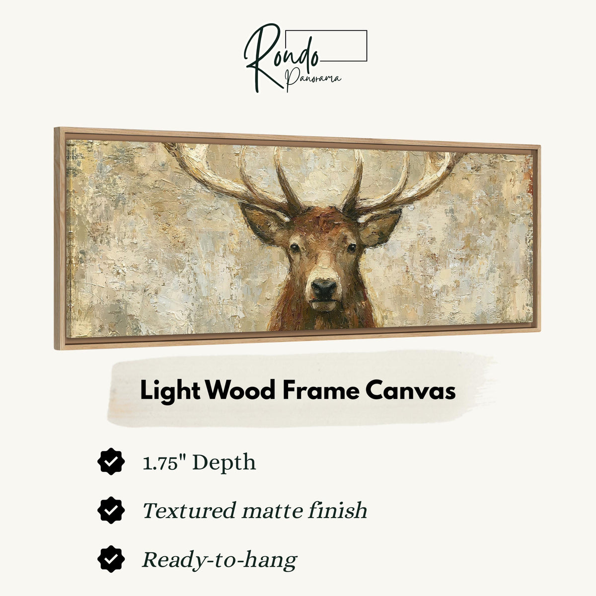 Rustic stag portrait canvas print in a light wood floating frame