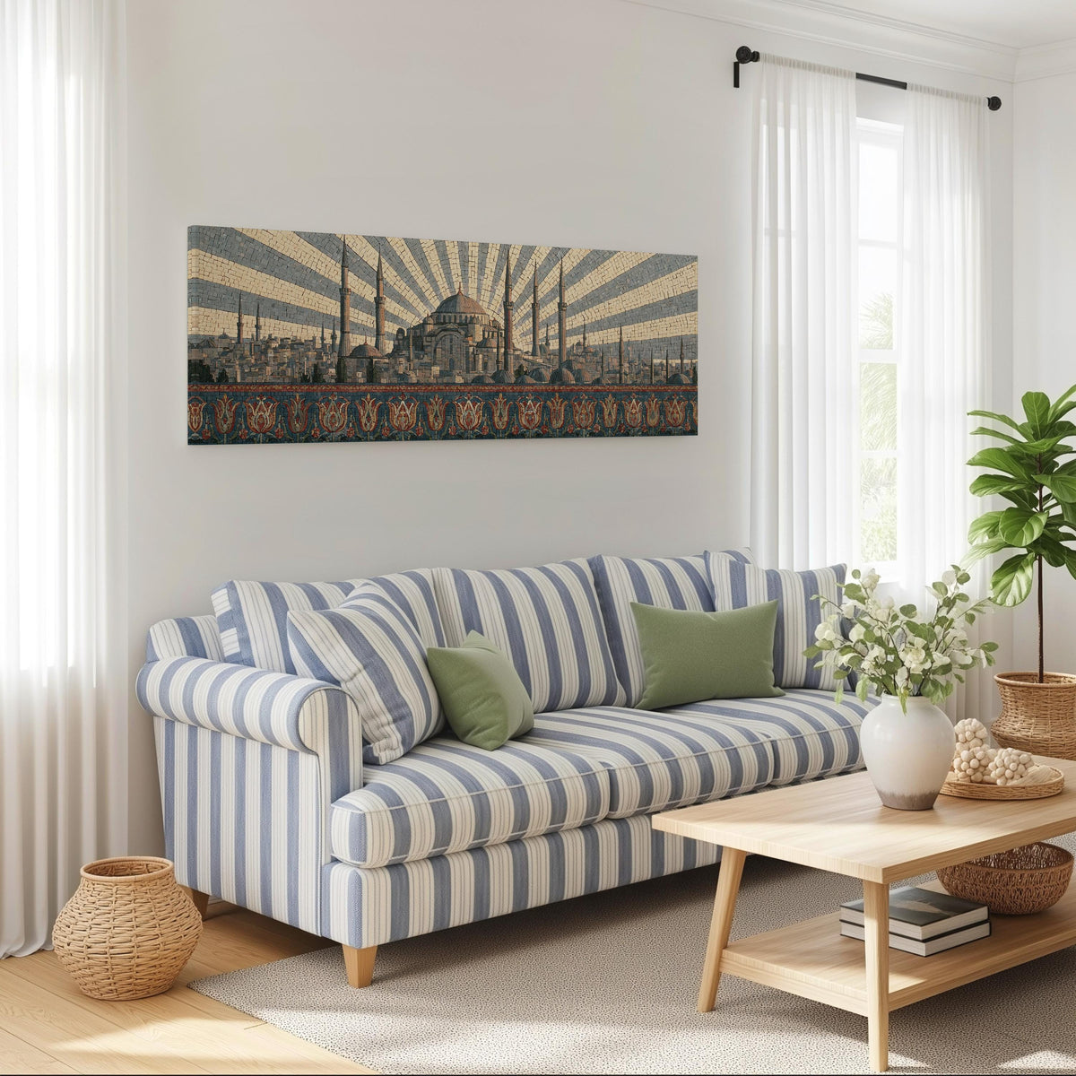 Istanbul skyline at sunrise long horizontal canvas print above a striped sofa in a coastal living room