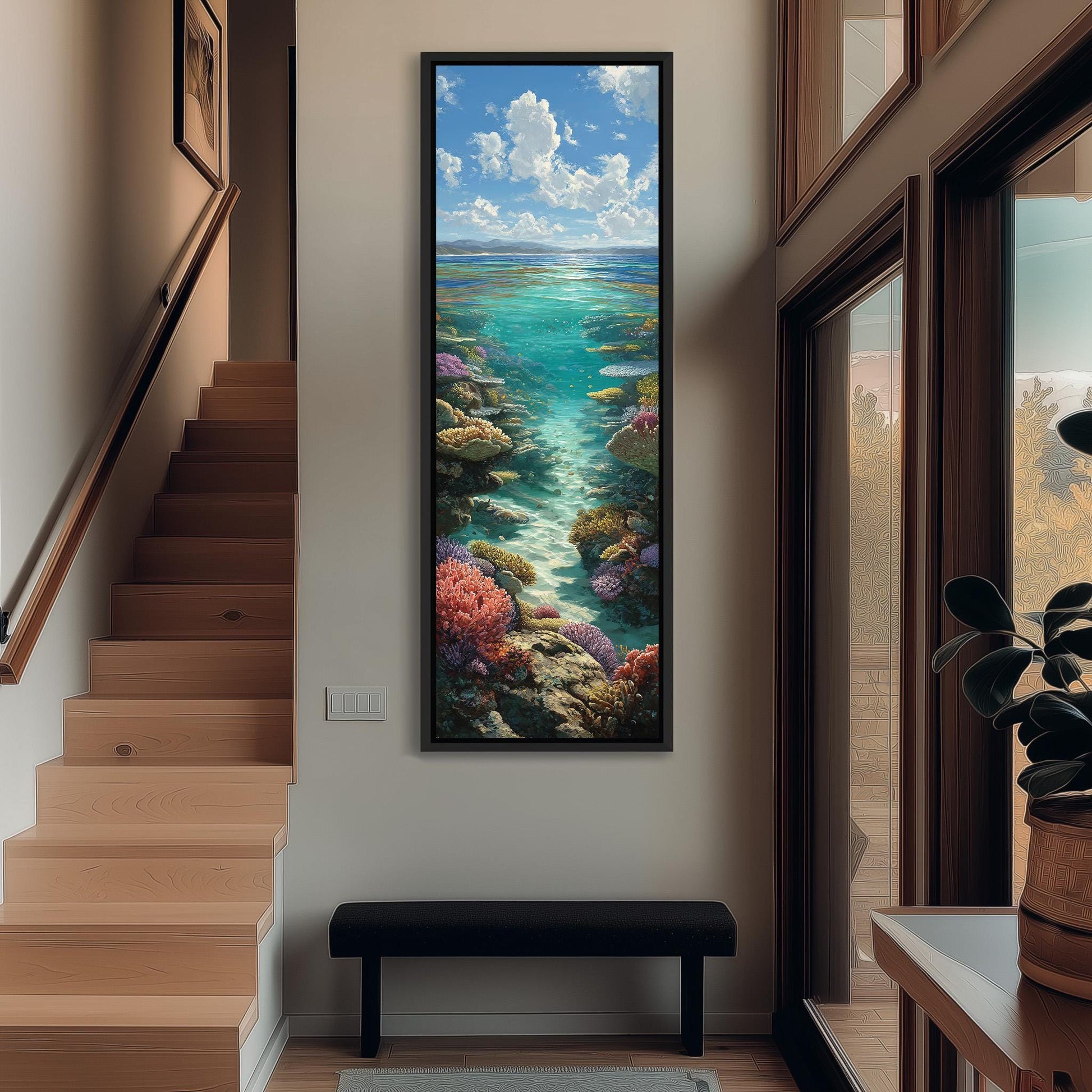 a large, colorful painting of a tropical underwater scene hanging on the wall of a hallway.
