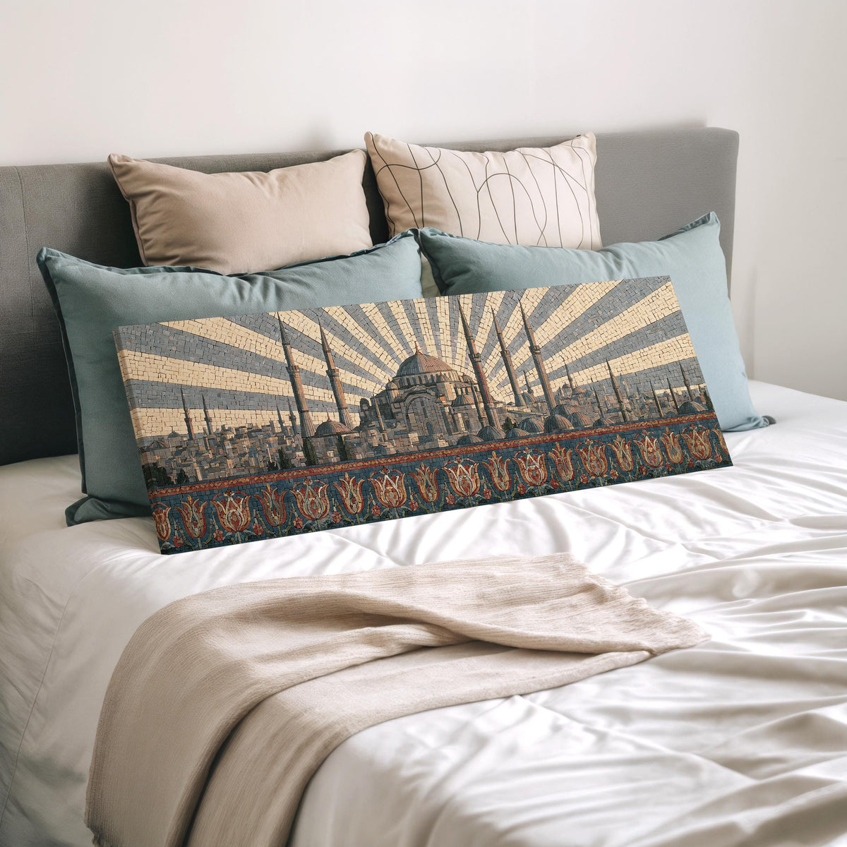 Istanbul skyline at sunrise wide panoramic canvas print laid on a bed to show its size