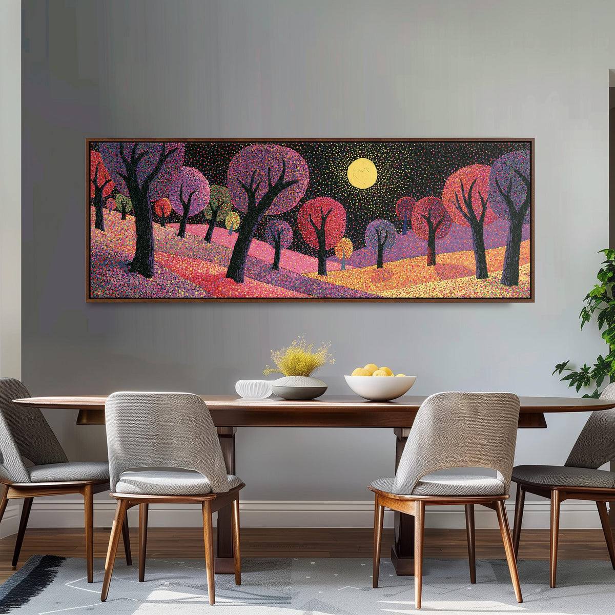 Purple dusk forest under the moon long horizontal canvas print above a dining table