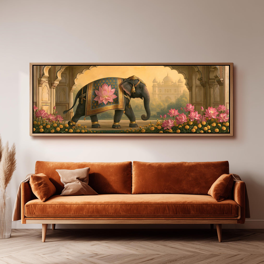 Decorated elephant in a palace lotus garden long horizontal canvas print above a sofa in a living room