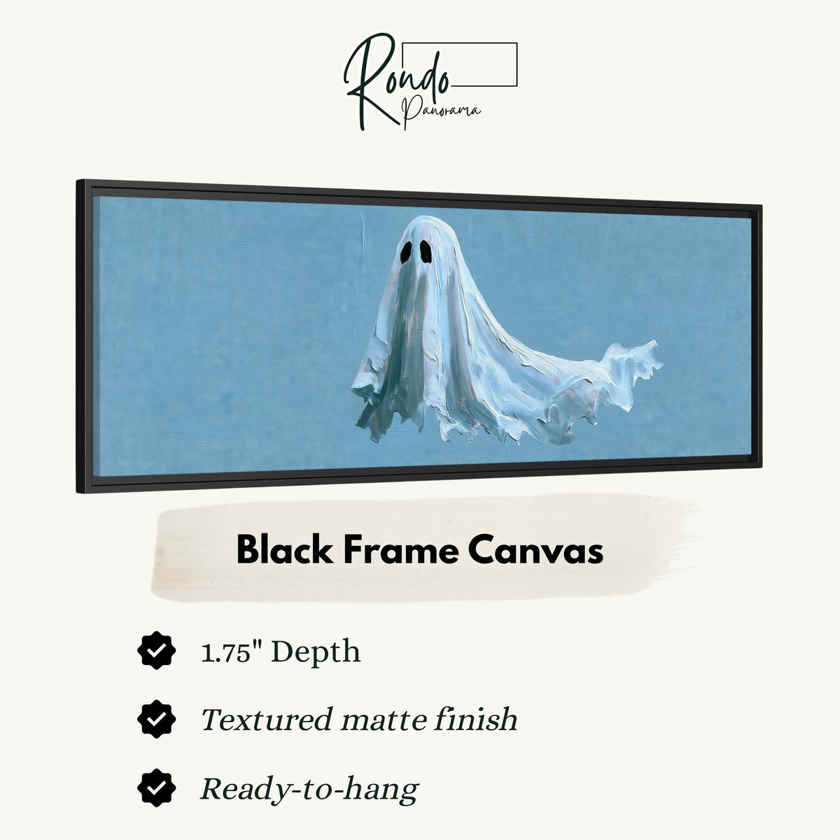 Floating ghost on blue canvas print in a black floating frame