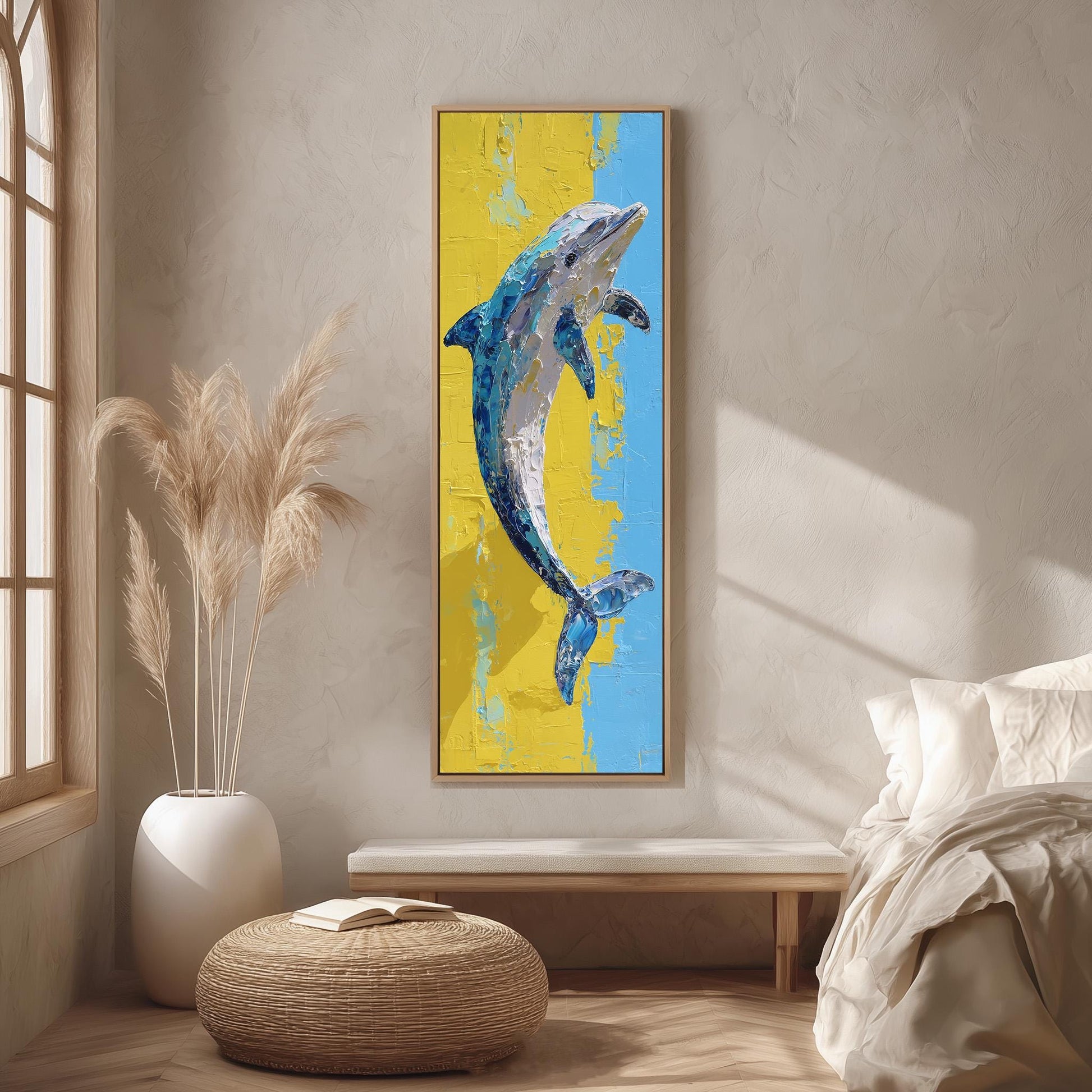 a large painting of a dolphin hanging on a wall in a room with a bed, a wicker ottoman, and a potted plant.