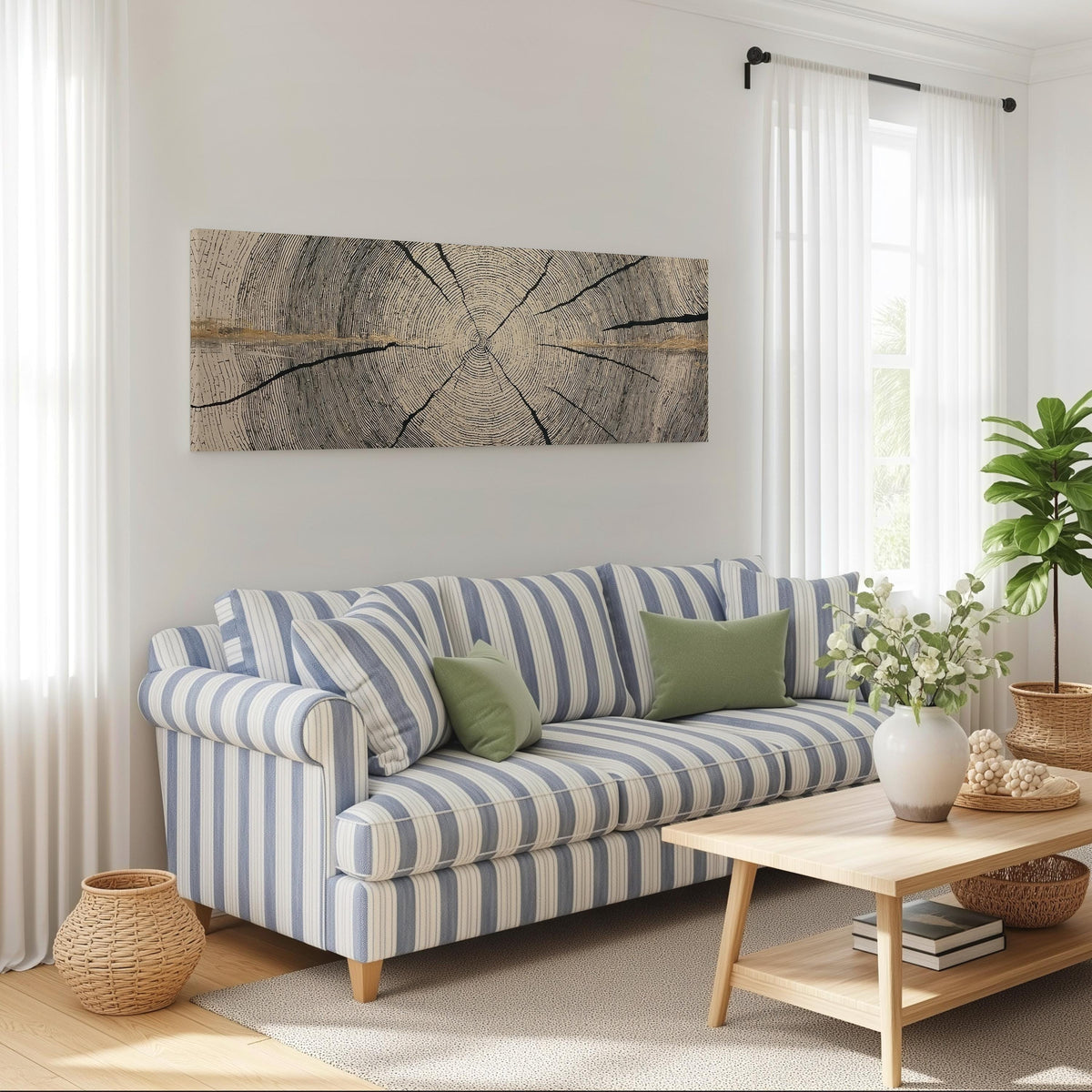 Pale gold wood ring long horizontal canvas print above a striped sofa in a coastal living room