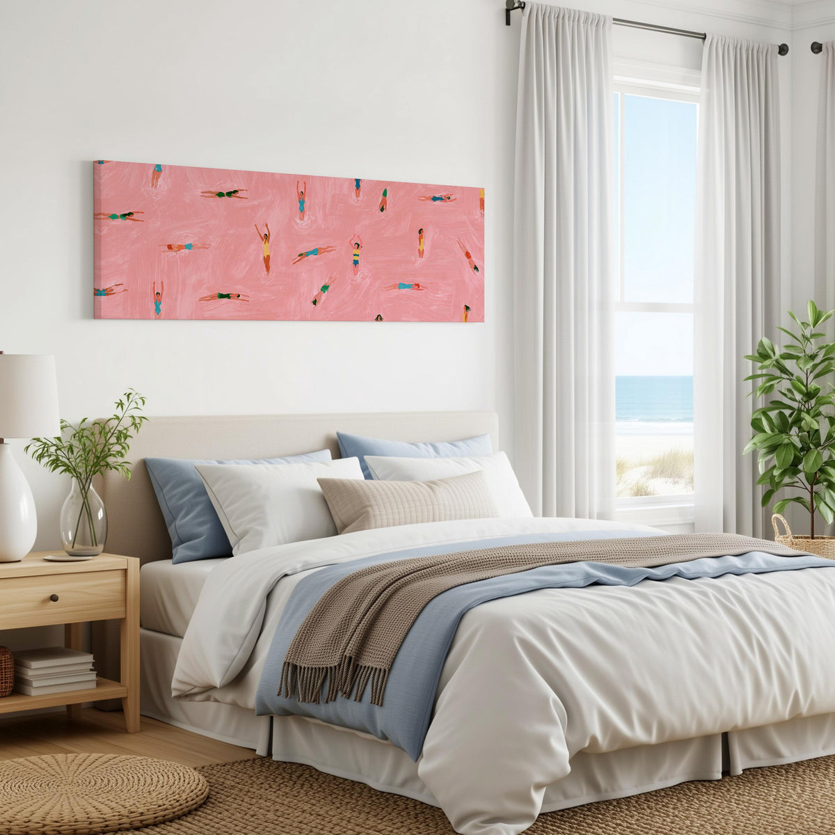 Tiny swimmers in a pink pool from above panoramic canvas print above a bed in a coastal bedroom