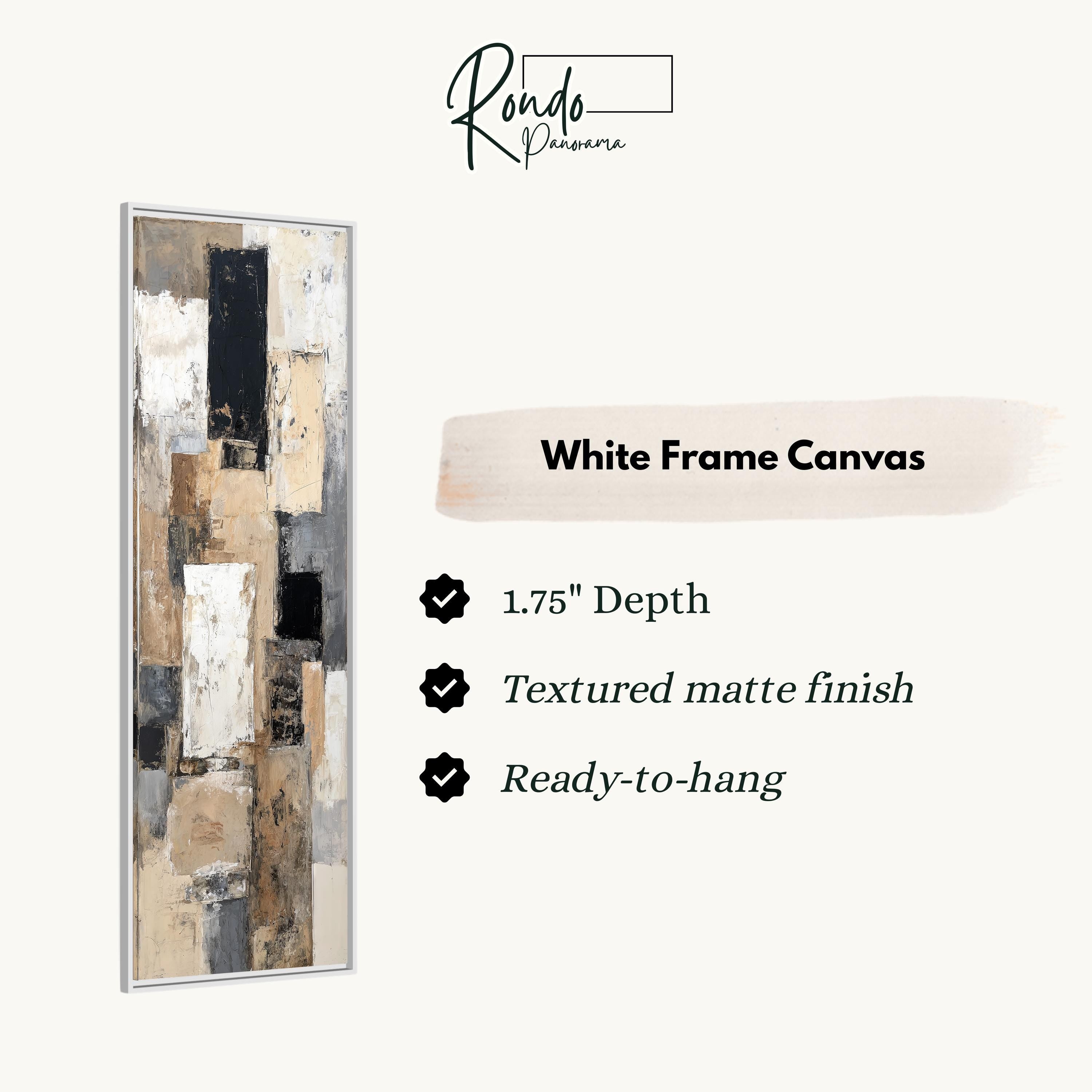 The image is a product advertisement for a white frame canvas. It features a large abstract painting with a textured finish and a 1.75" depth. The text highlights the features of the canvas, such as the textured matte finish and the readiness to hang.