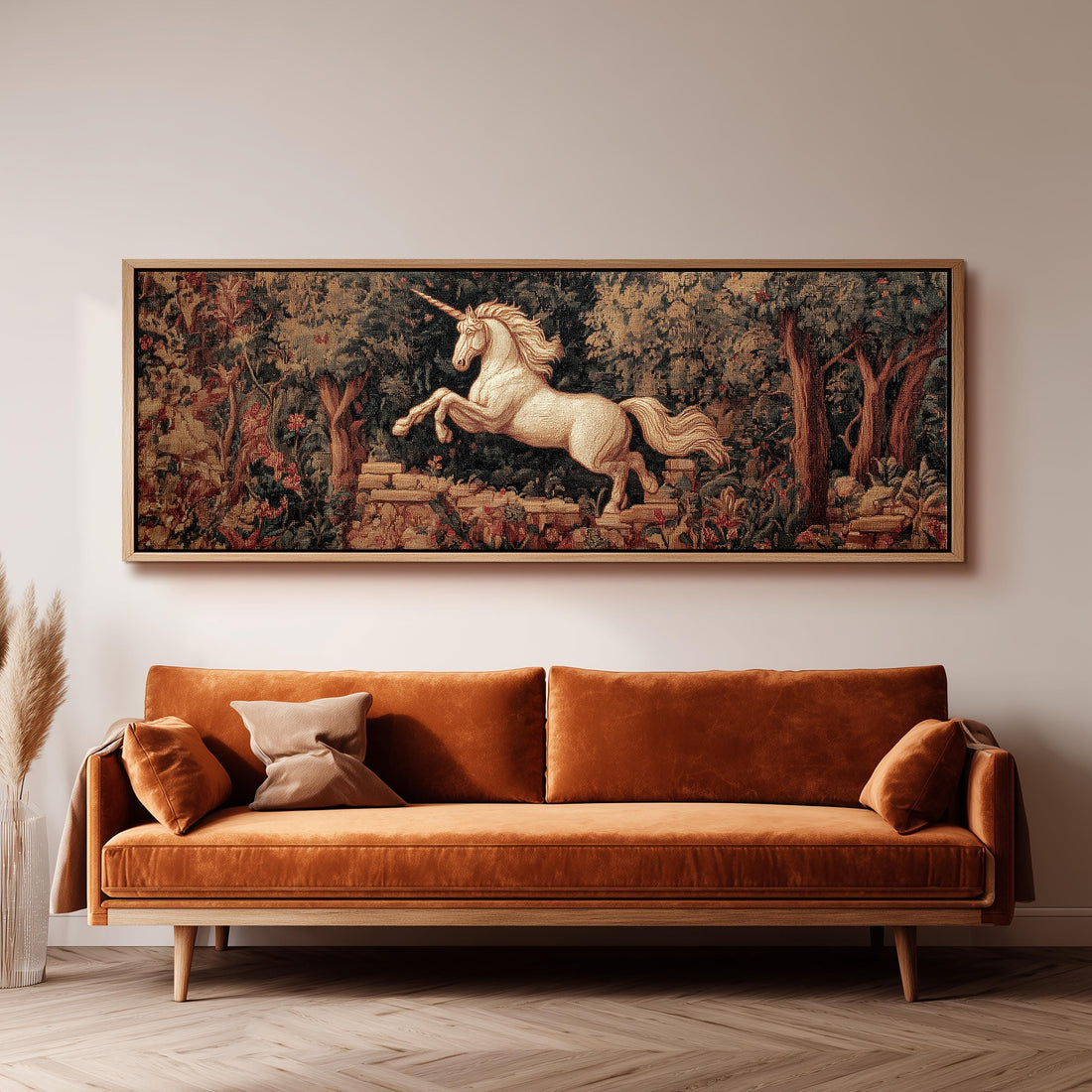 a large tapestry of a unicorn leaping over a forest, hanging on a wall above a wooden dining table with four chairs.