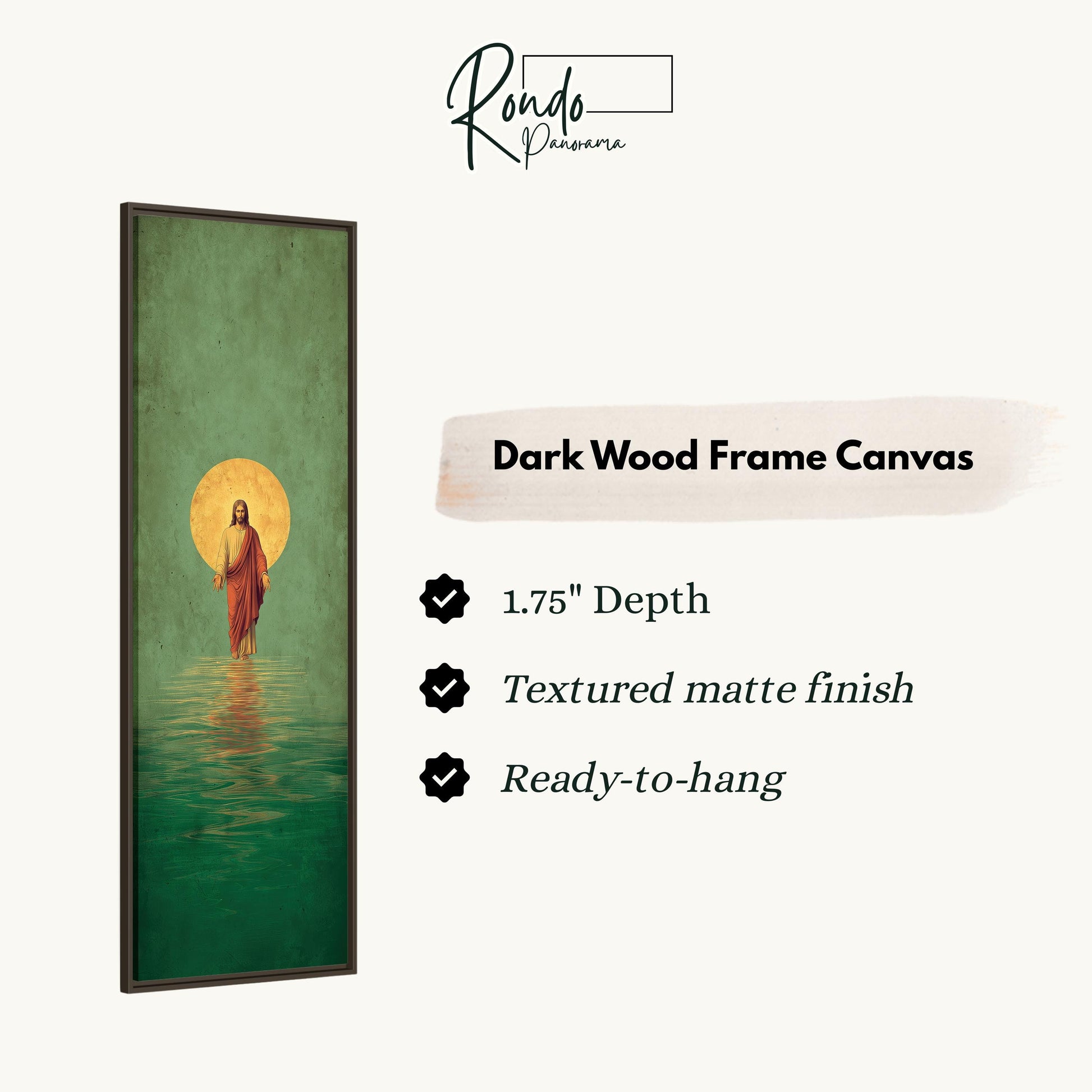 The image is a dark wood frame canvas depicting a painting of Jesus walking on water.