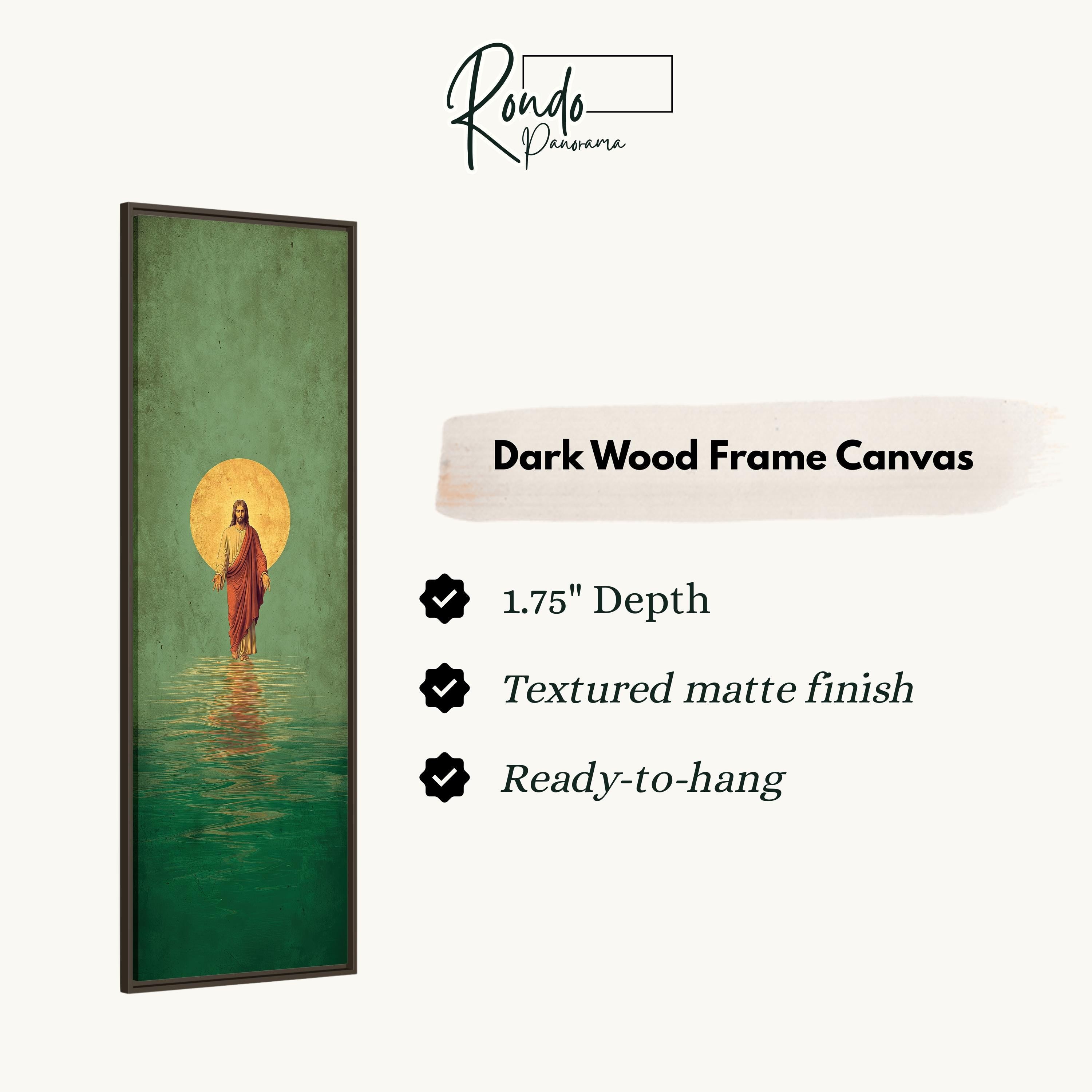 The image is a dark wood frame canvas depicting a painting of Jesus walking on water.