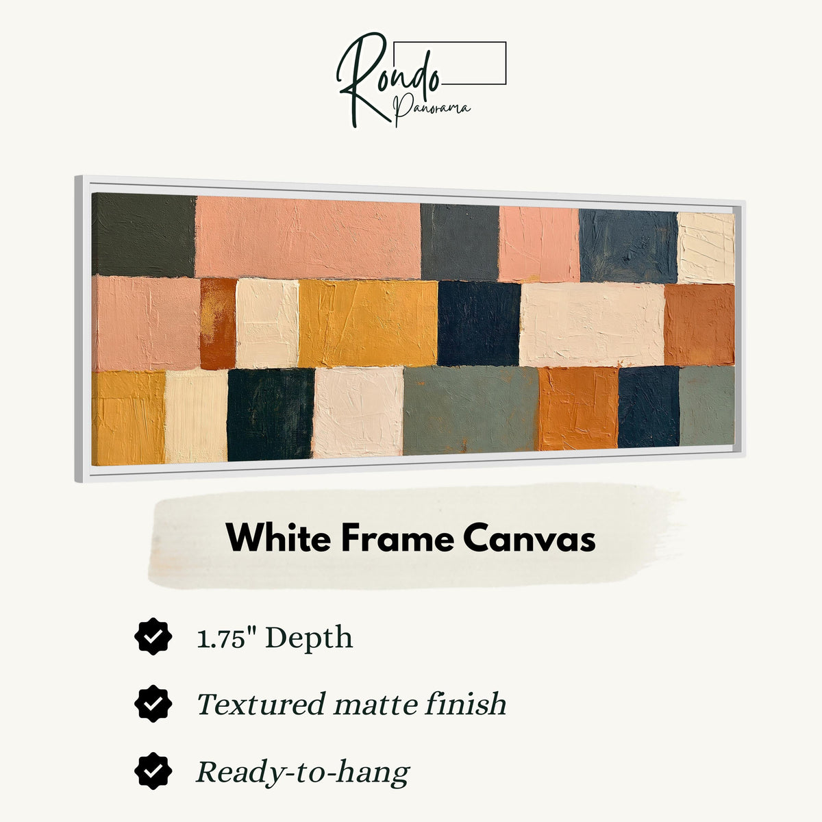 Mustard, sage, blush and navy patchwork canvas print in a white floating frame