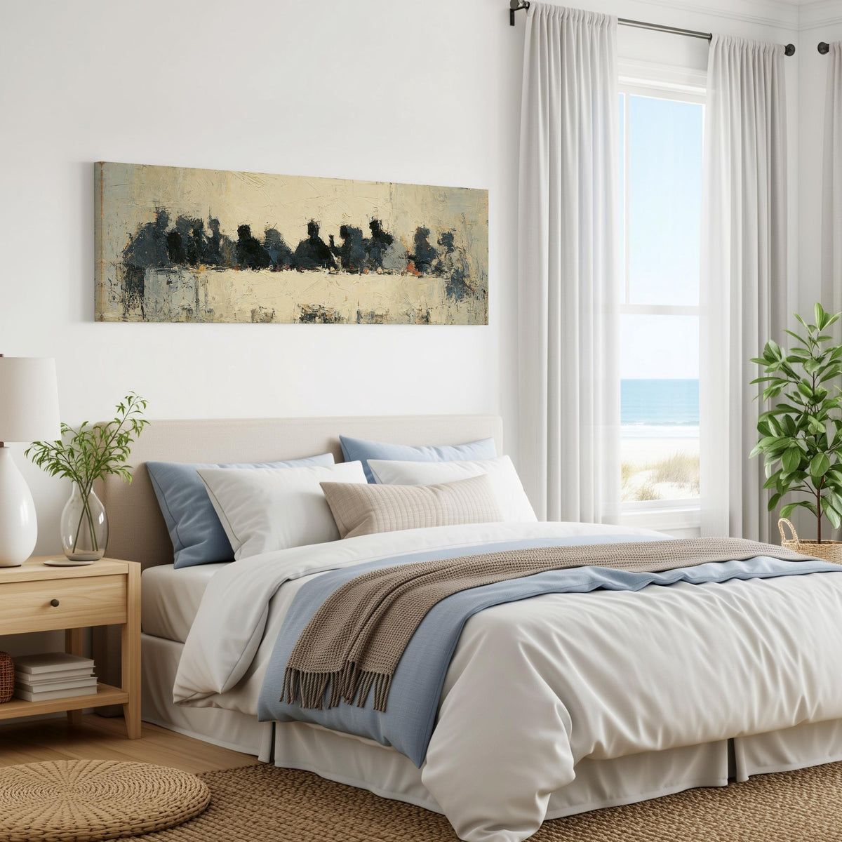 Abstract silhouette Last Supper panoramic canvas print above a bed in a coastal bedroom