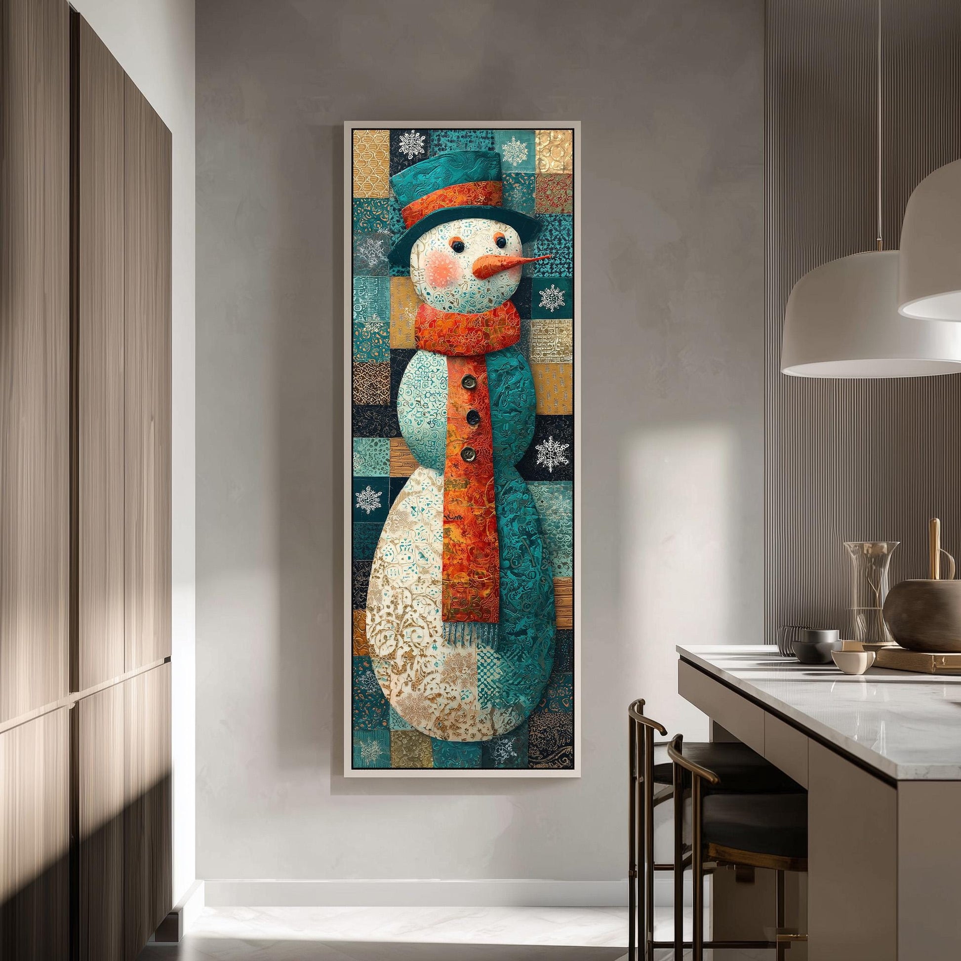 a large, colorful painting of a snowman hanging on a wall in a modern kitchen.