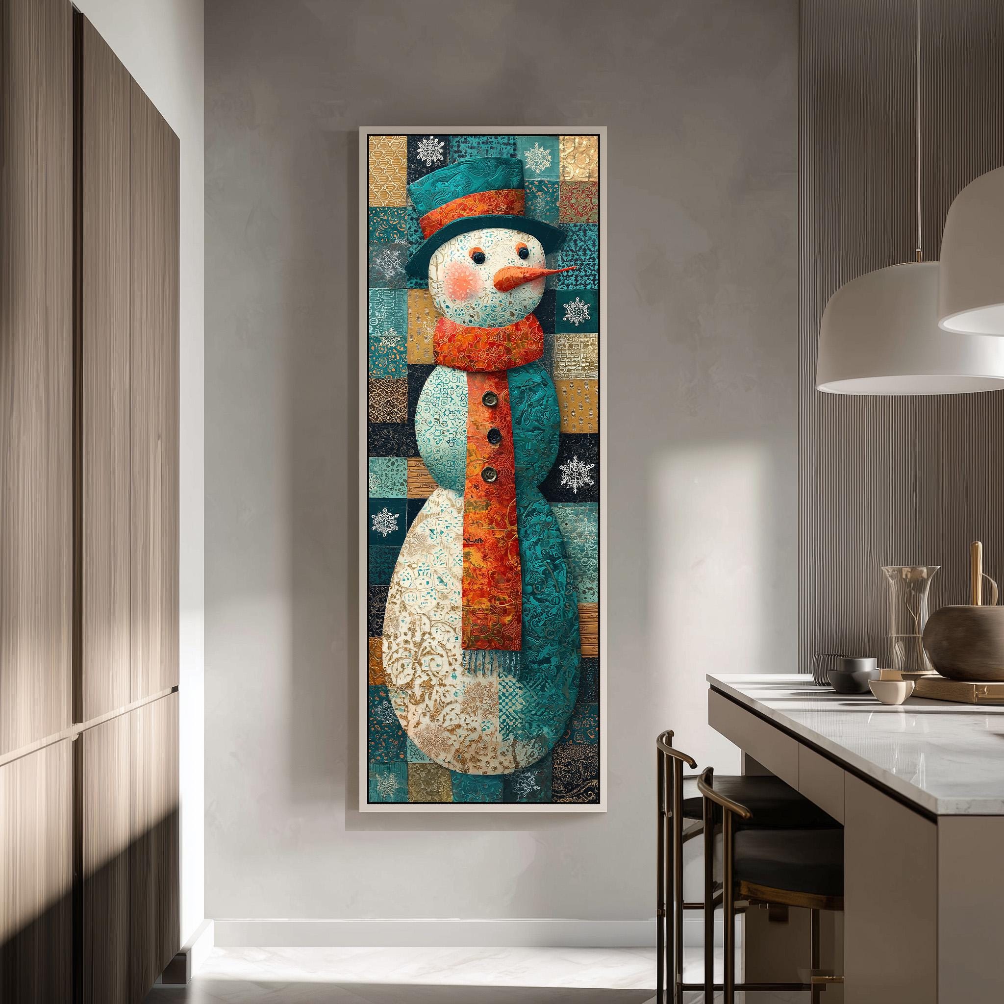a large, colorful painting of a snowman hanging on a wall in a modern kitchen.