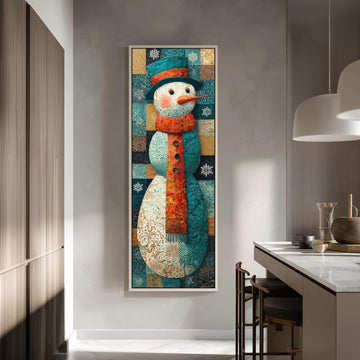 a large, colorful painting of a snowman hanging on a wall in a modern kitchen.