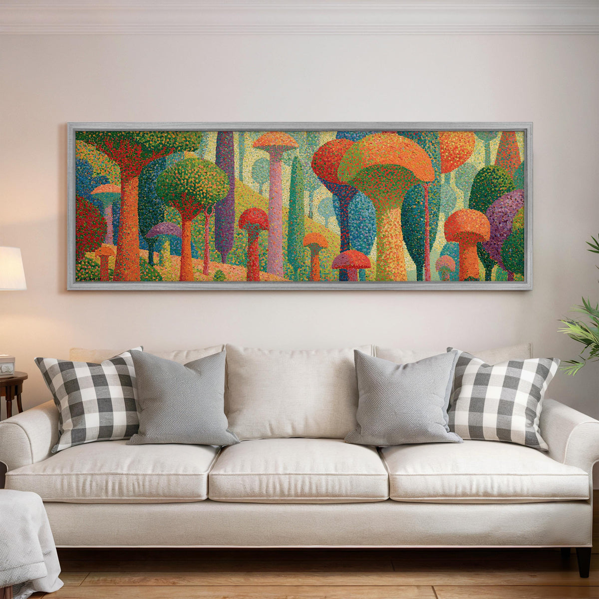 Teal mushroom woodland panoramic canvas print above a white sofa in a bright living room