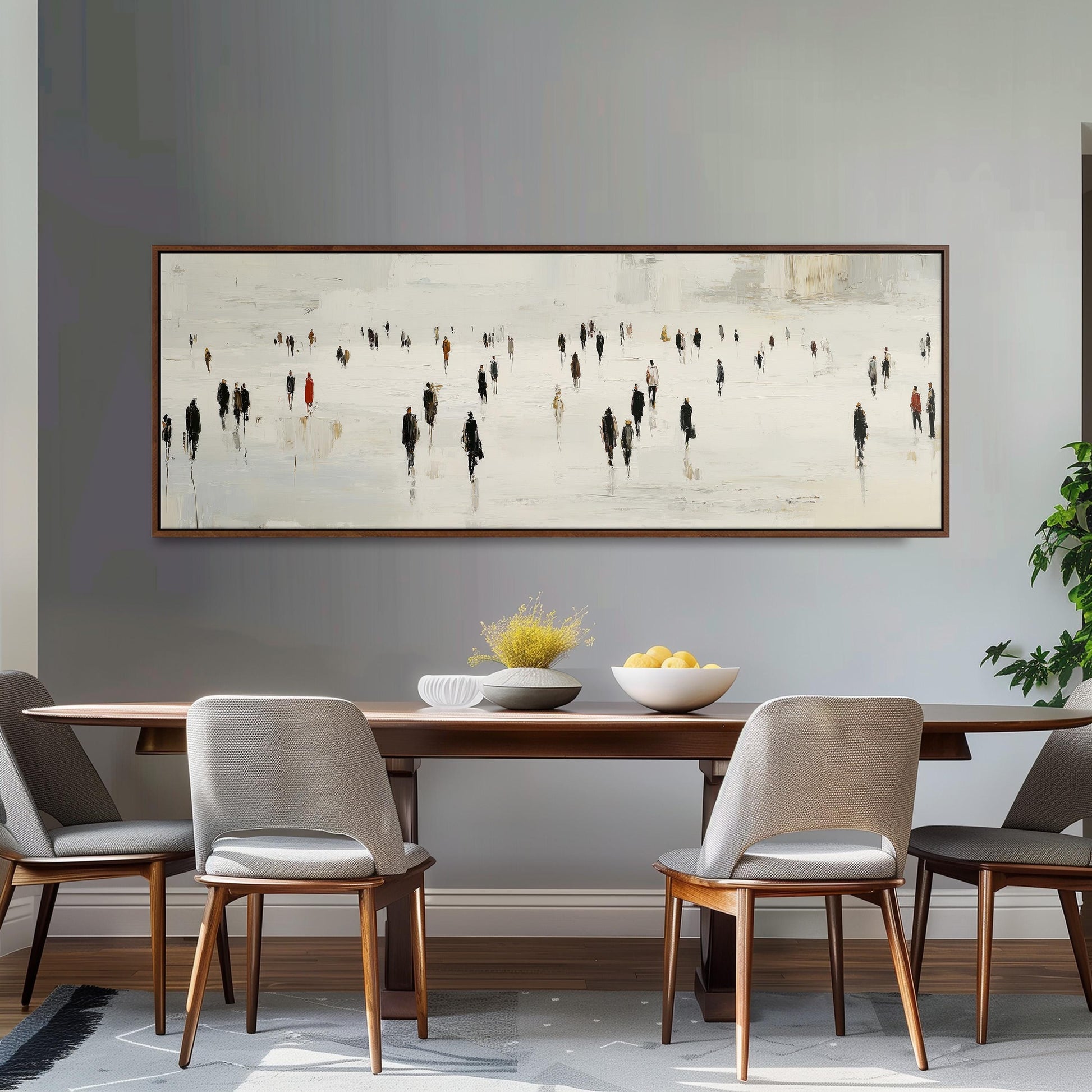 a dining room with a large painting of people on the wall above a wooden table with four chairs. The painting depicts a group of people walking across a snowy landscape.