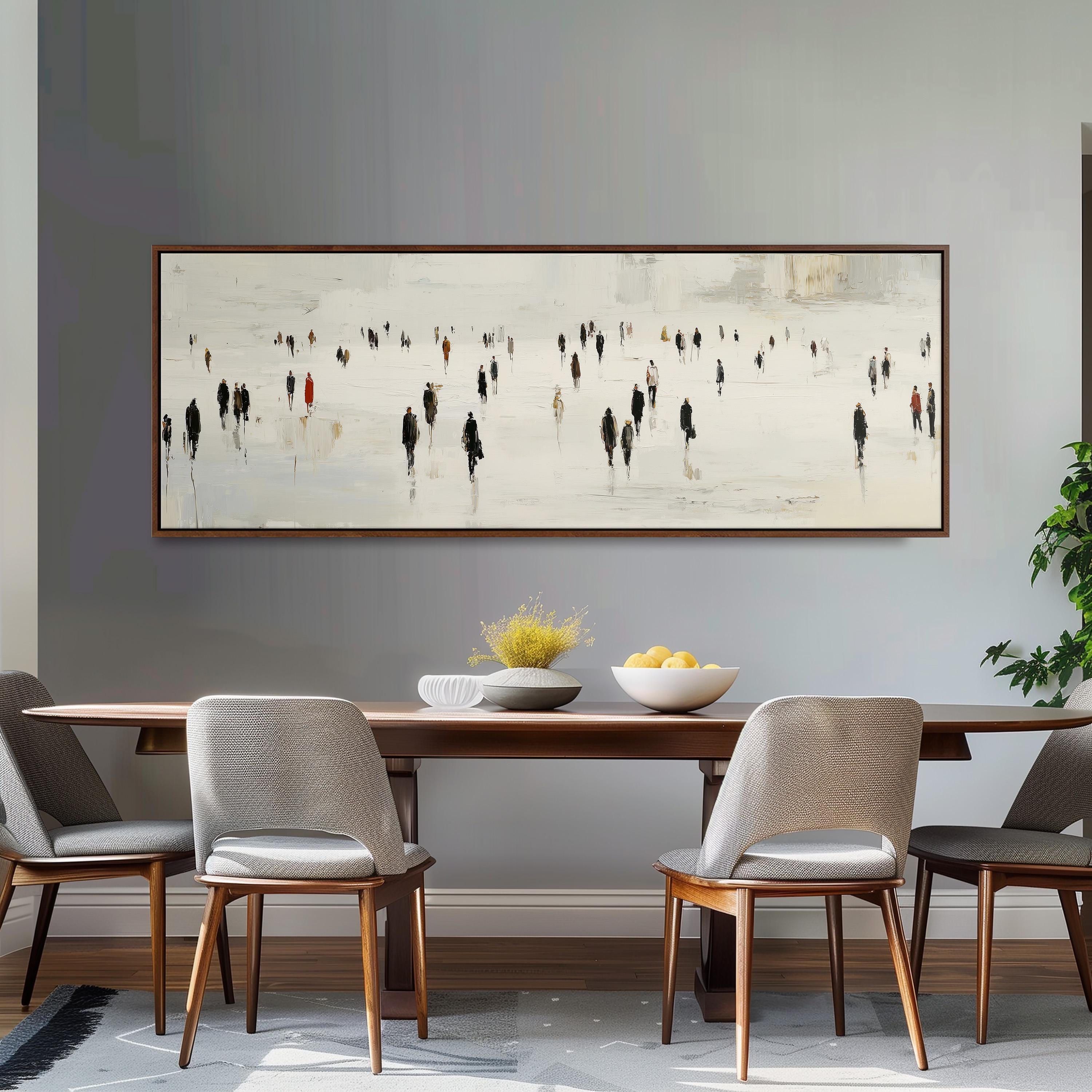 a dining room with a large painting of people on the wall above a wooden table with four chairs. The painting depicts a group of people walking across a snowy landscape.