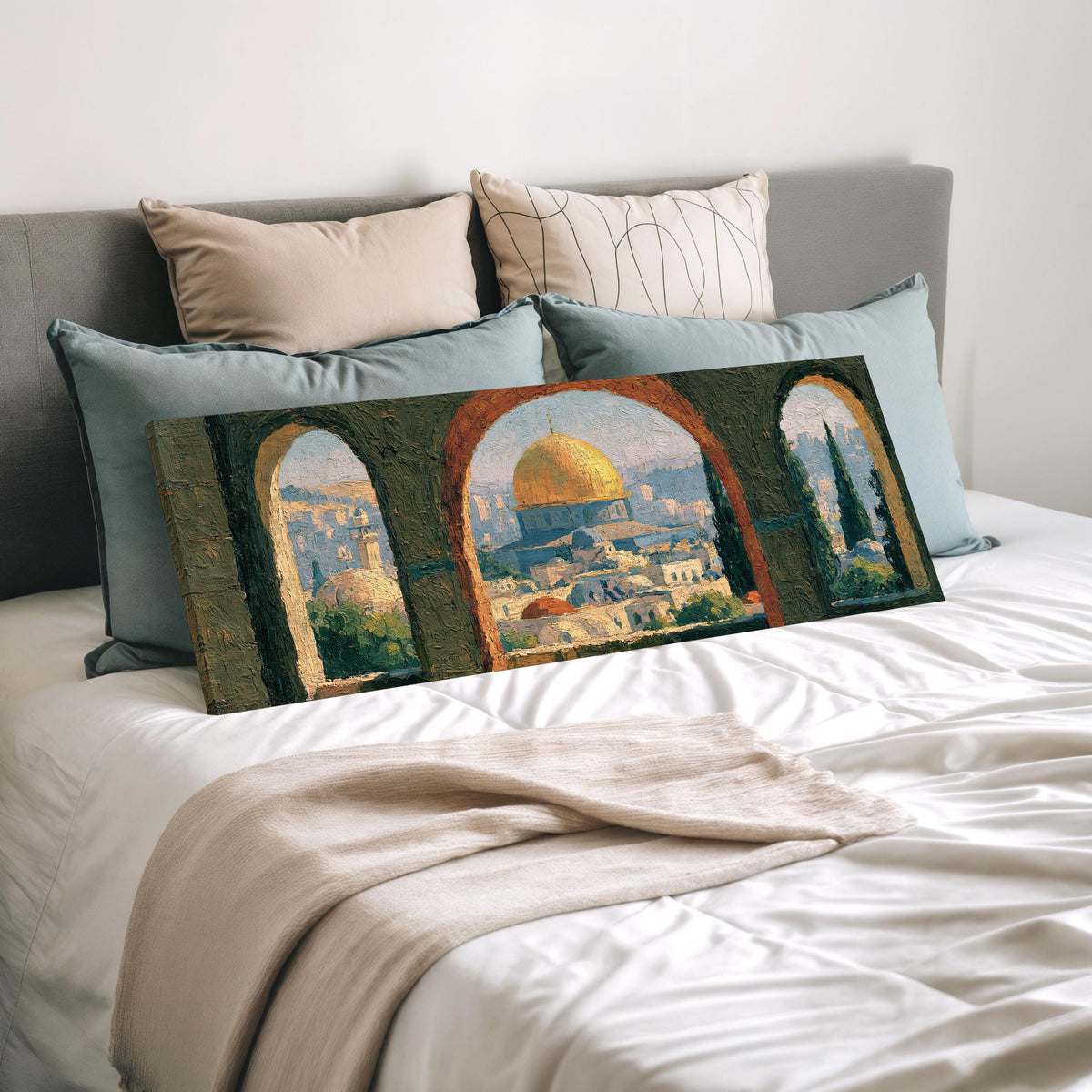 Dome of the Rock seen through stone arches wide panoramic canvas print laid on a bed to show its size