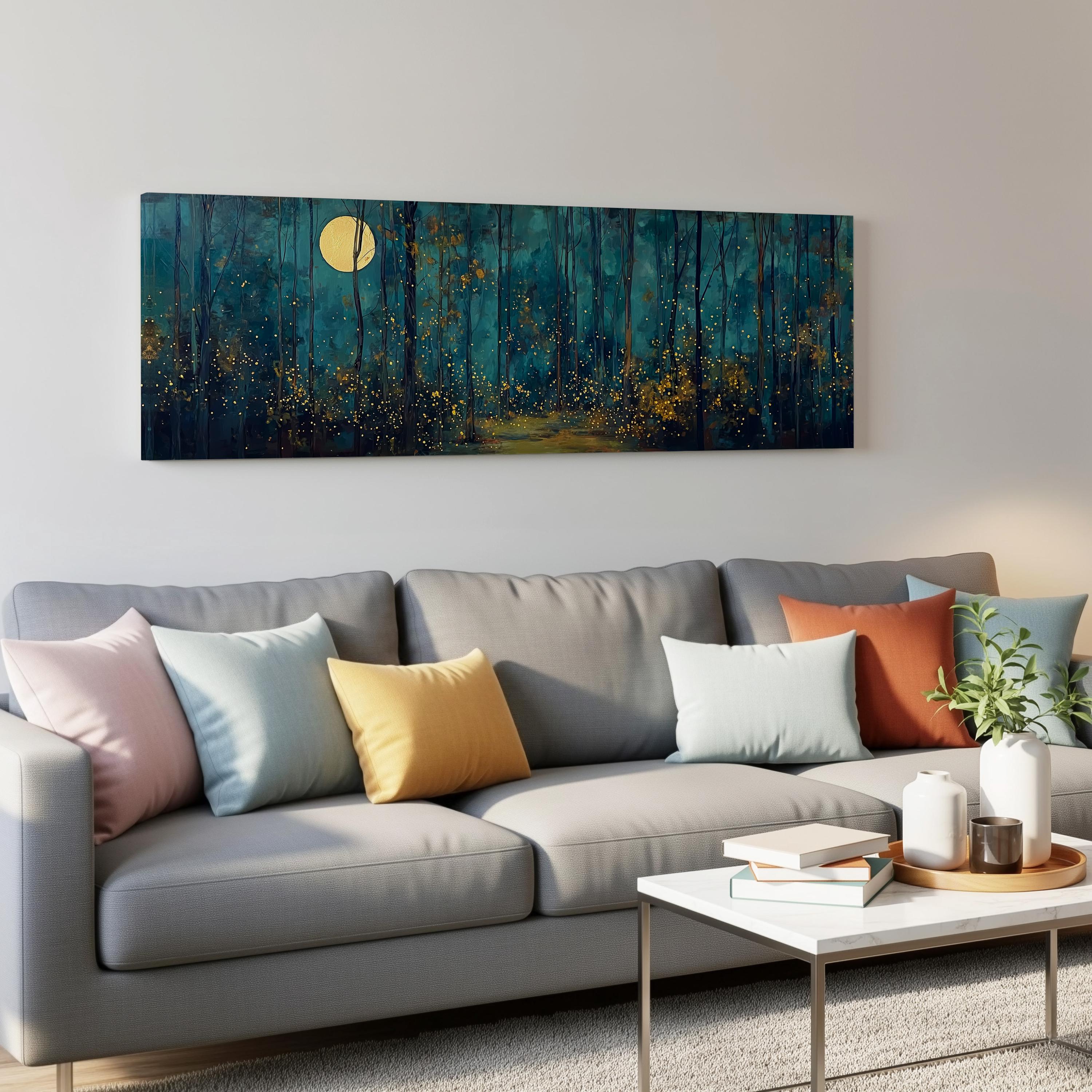 a cozy living room with a gray sofa adorned with colorful throw pillows, a white coffee table, and a large painting of a forest scene hanging on the wall above the sofa.