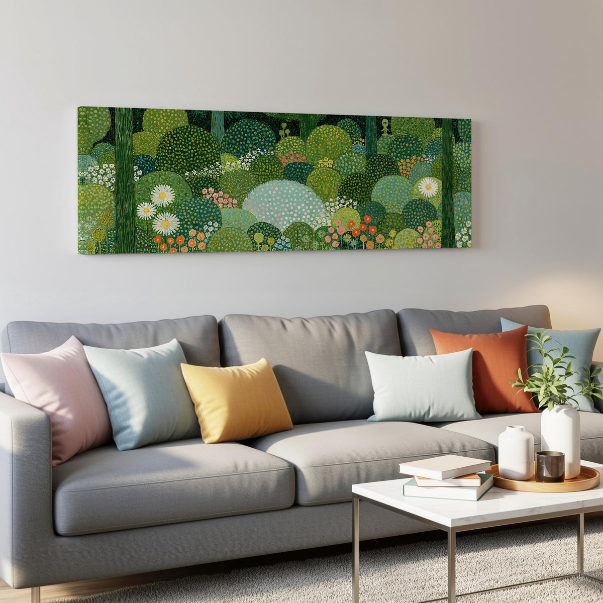 Whimsical dotted topiary garden panoramic canvas print above a grey sofa in a living room