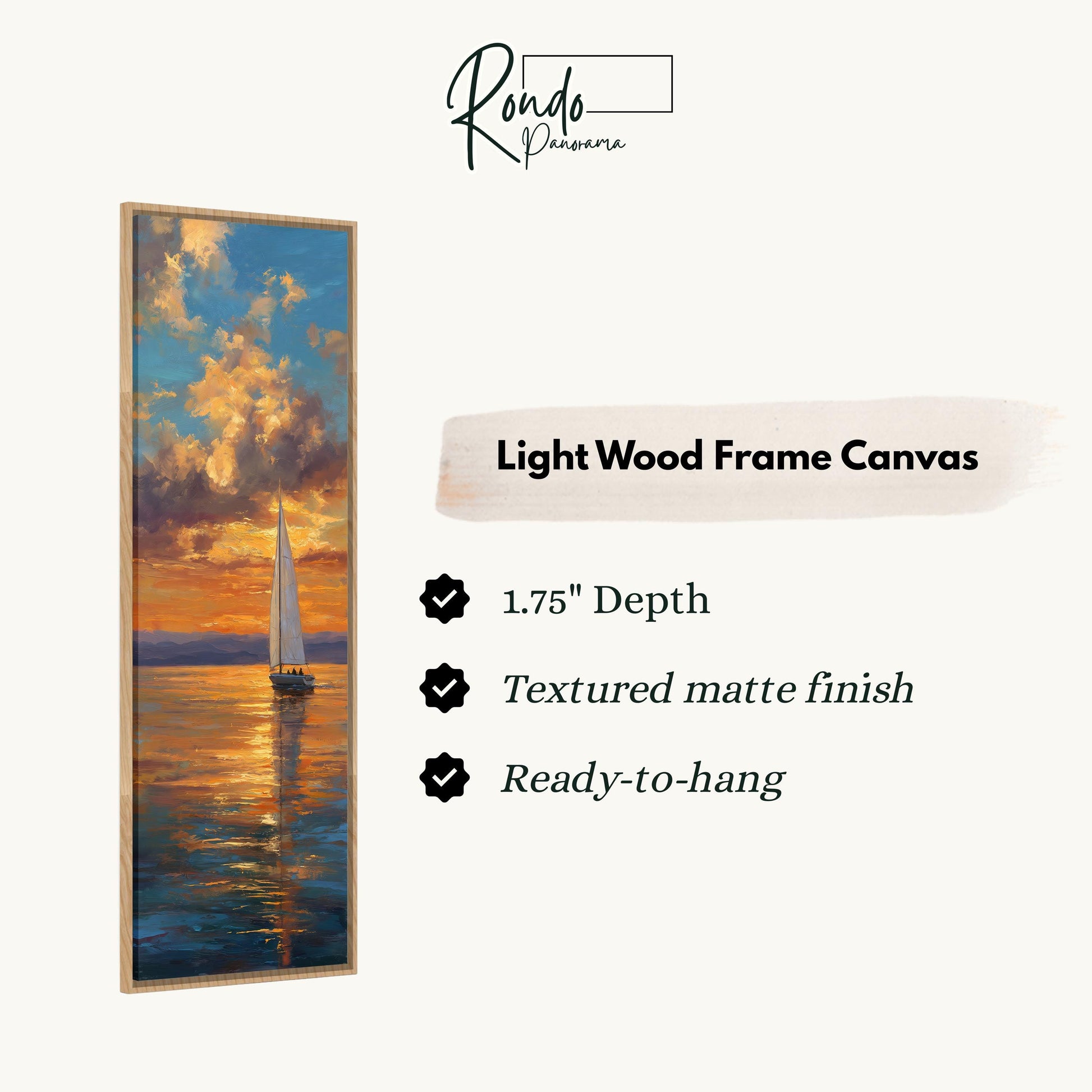 The image is a rectangular painting of a sailboat on the water, with a light wood frame.