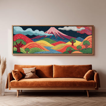 Mount Fuji above rainbow dotted hills long horizontal canvas print above a sofa in a living room