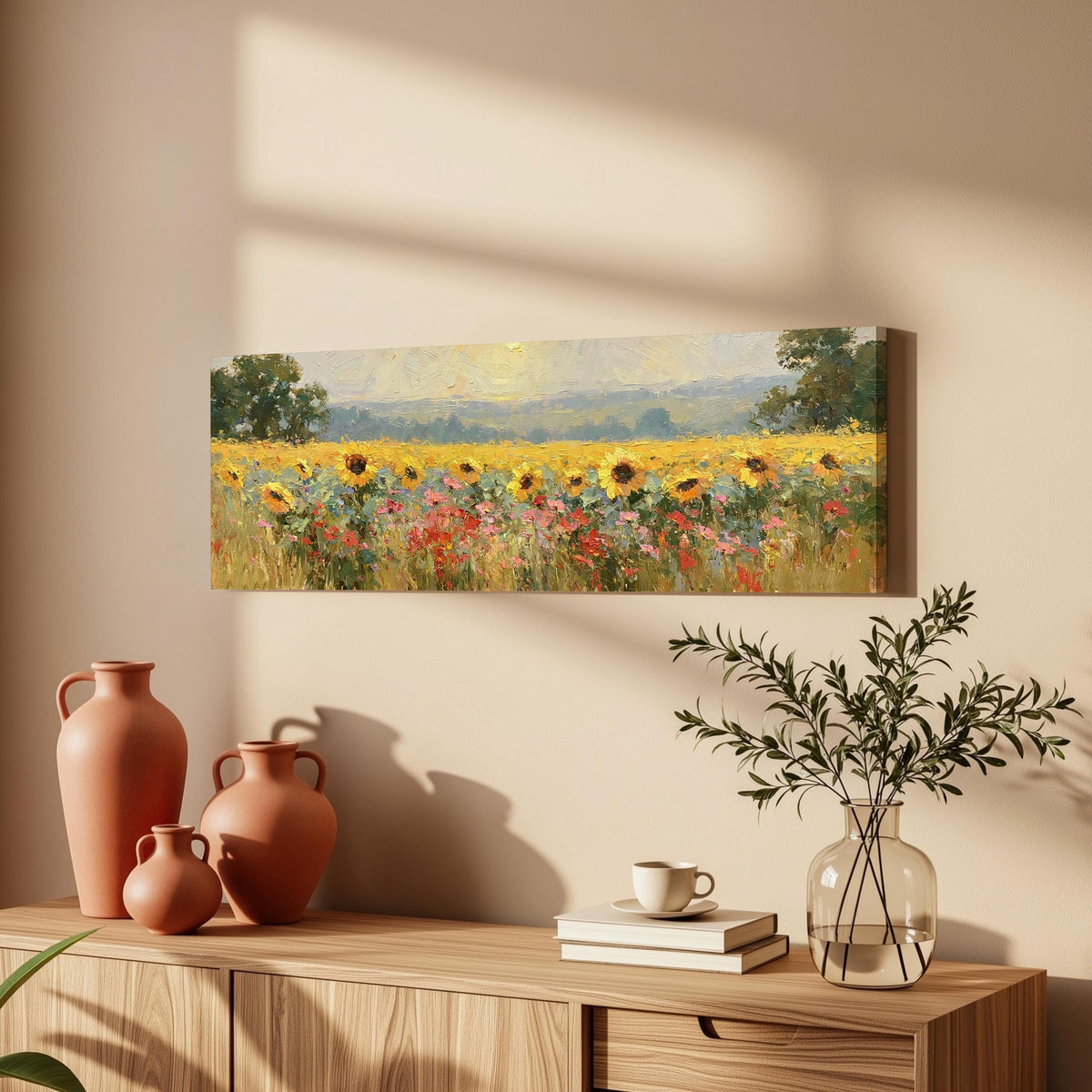 Sunflower and poppy meadow long horizontal canvas print above a wooden sideboard